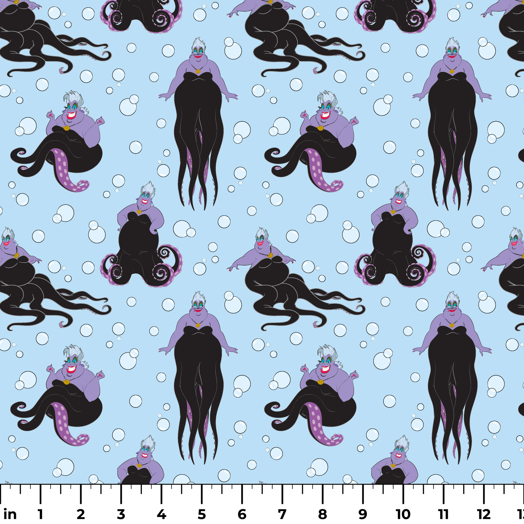 Ursula with black tentacles swimming in a light blue underwater scene with white bubbles ruler