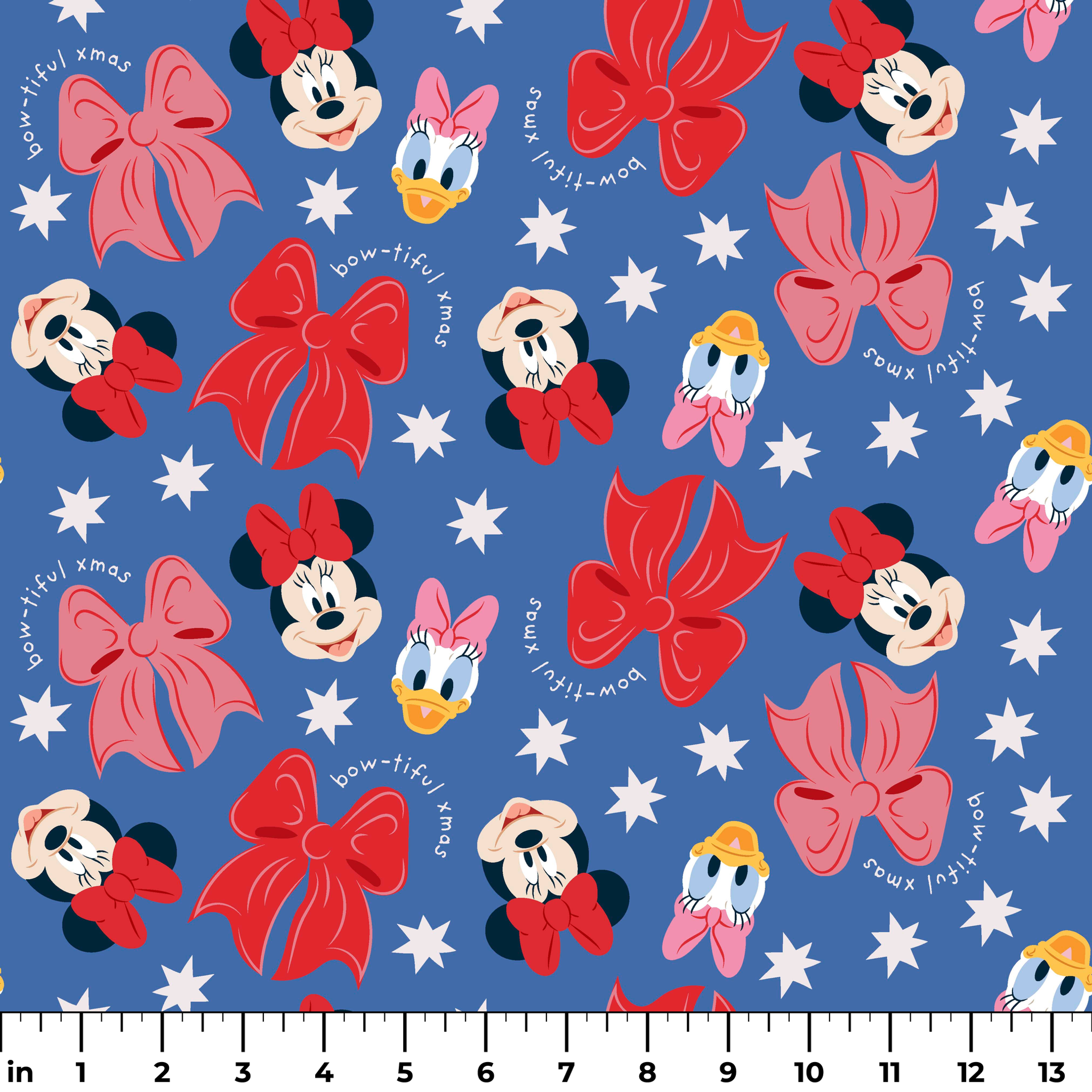 Disney character pattern with Minnie Mouse, Daisy Duck, and pink/red bows on blue background with white stars ruler