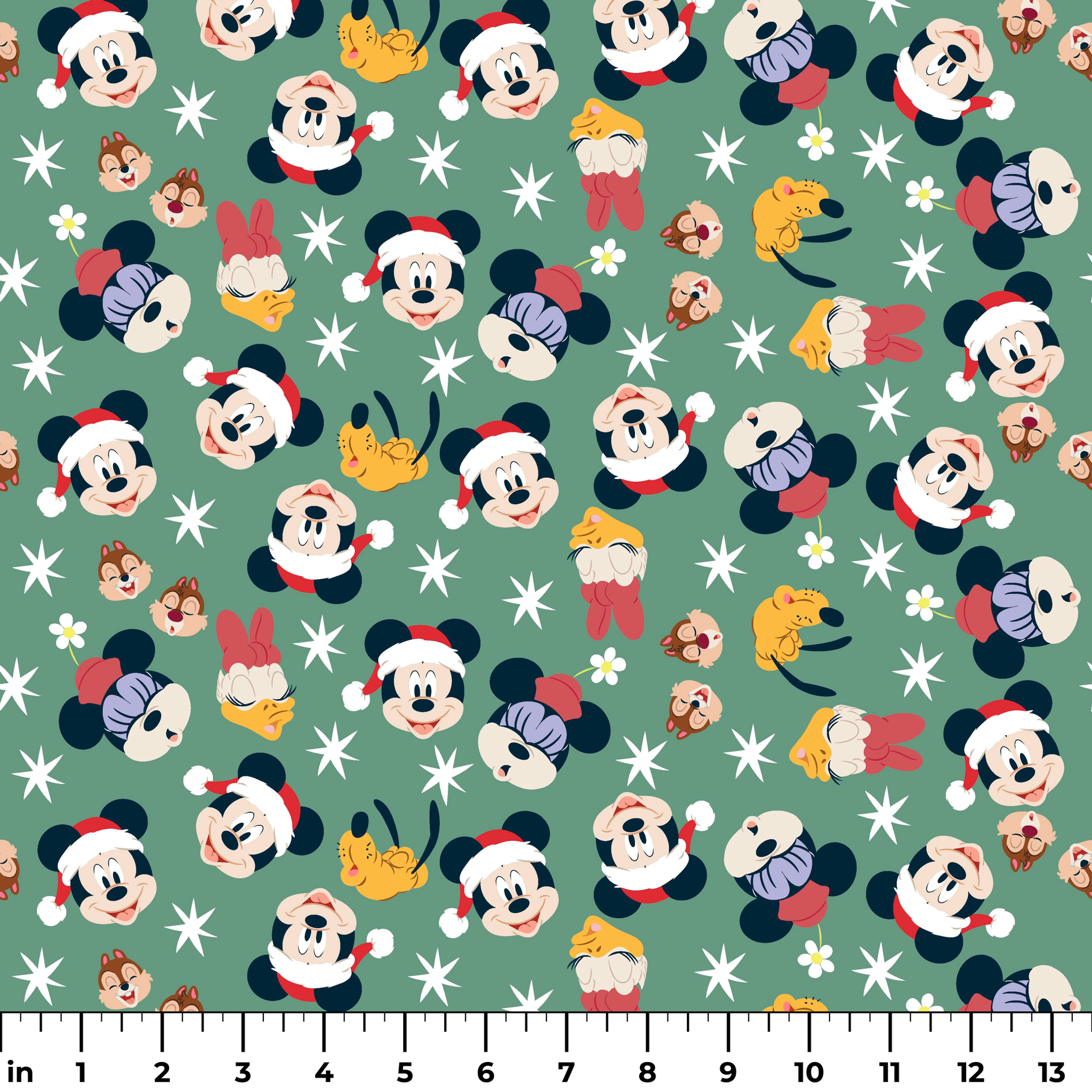 Mickey Mouse holiday pattern with characters wearing Santa hats on green background with stars and ornaments ruler