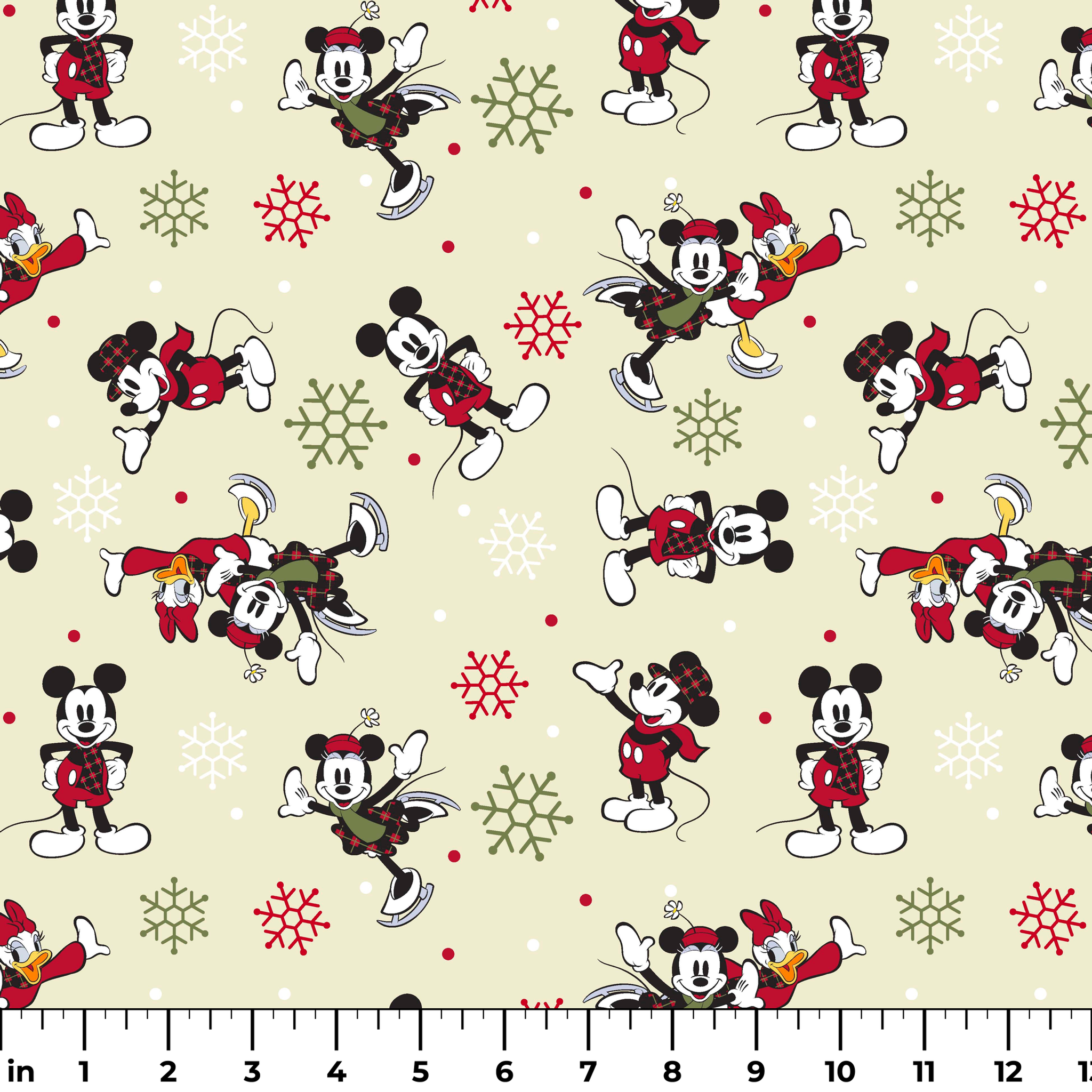 Holiday-themed cartoon mouse pattern with classic characters in red outfits on beige background with snowflakes. ruler