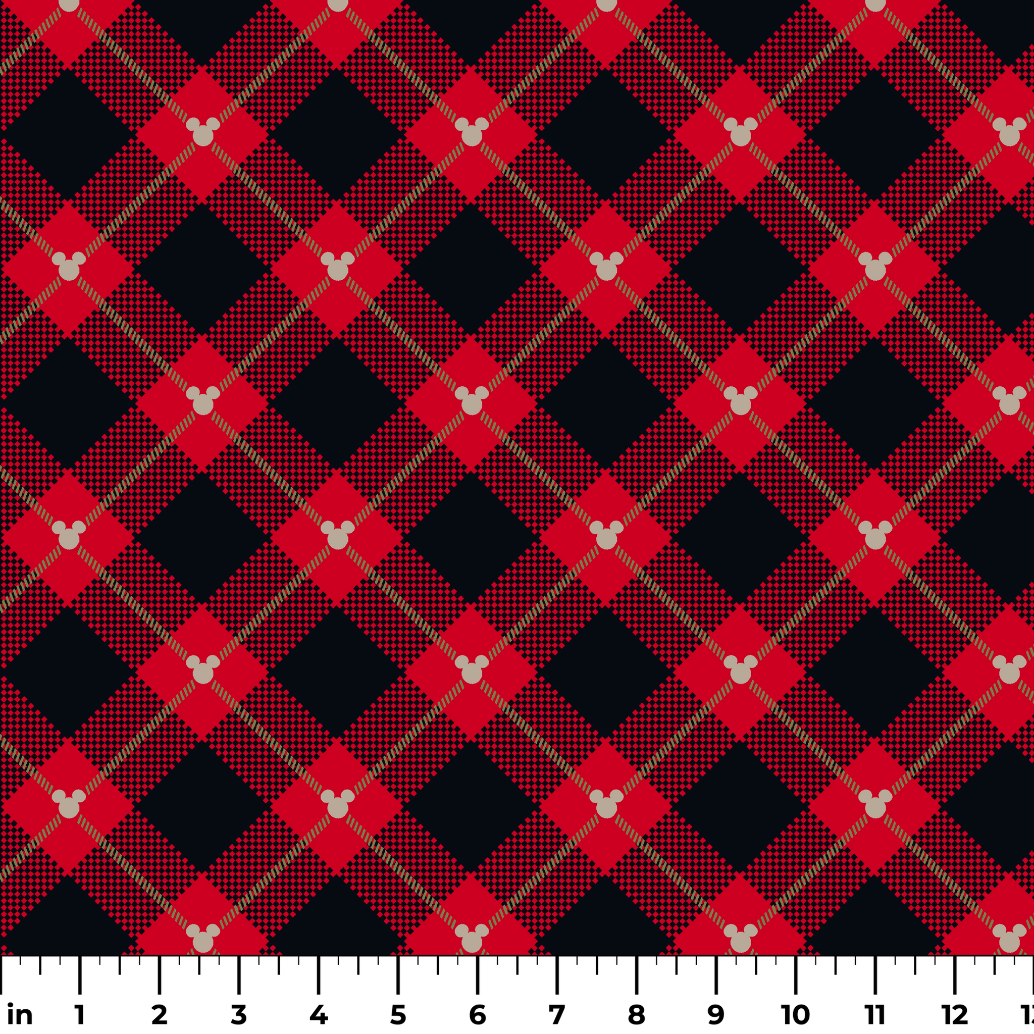 Red and black plaid pattern with diagonal gold stripes and small Mickey Mouse silhouettes ruler