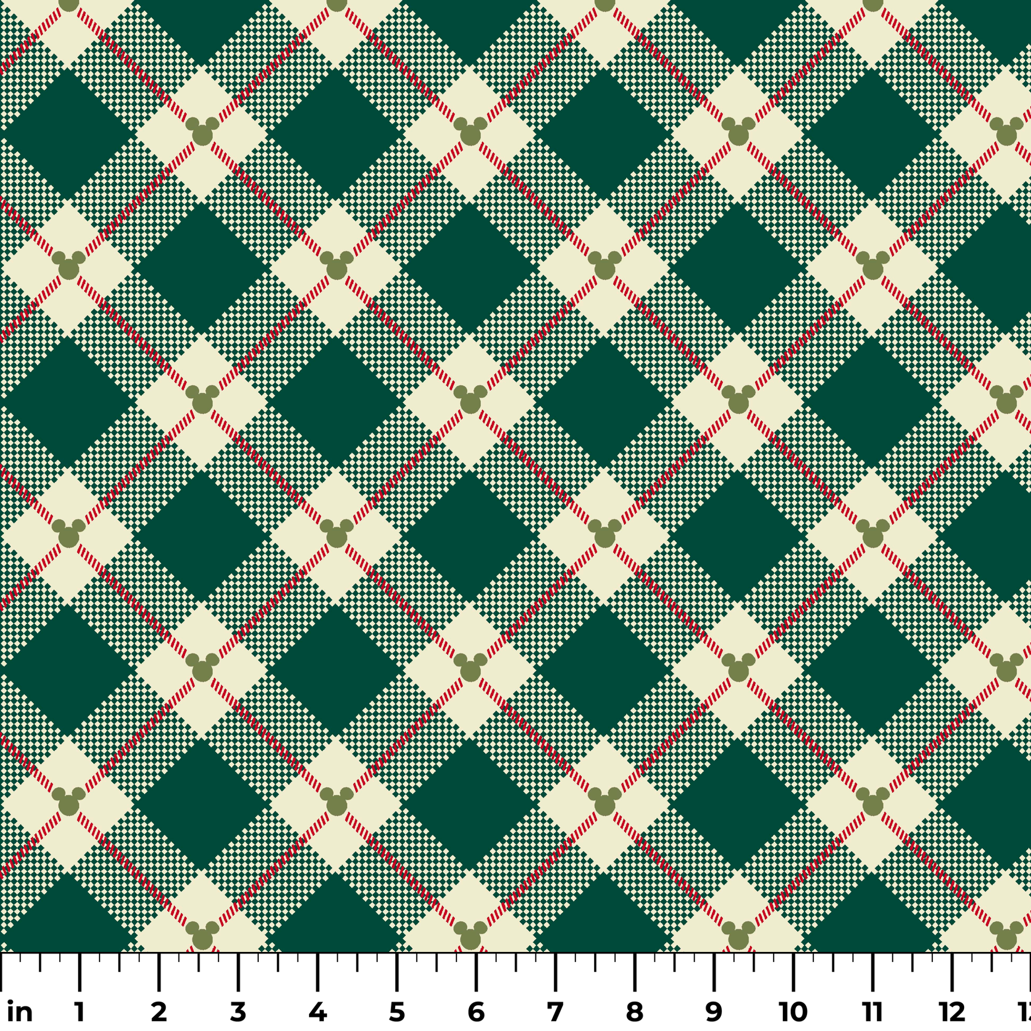 Diagonal green and cream plaid pattern with small Mickey Mouse silhouettes at intersections of red stripes ruler
