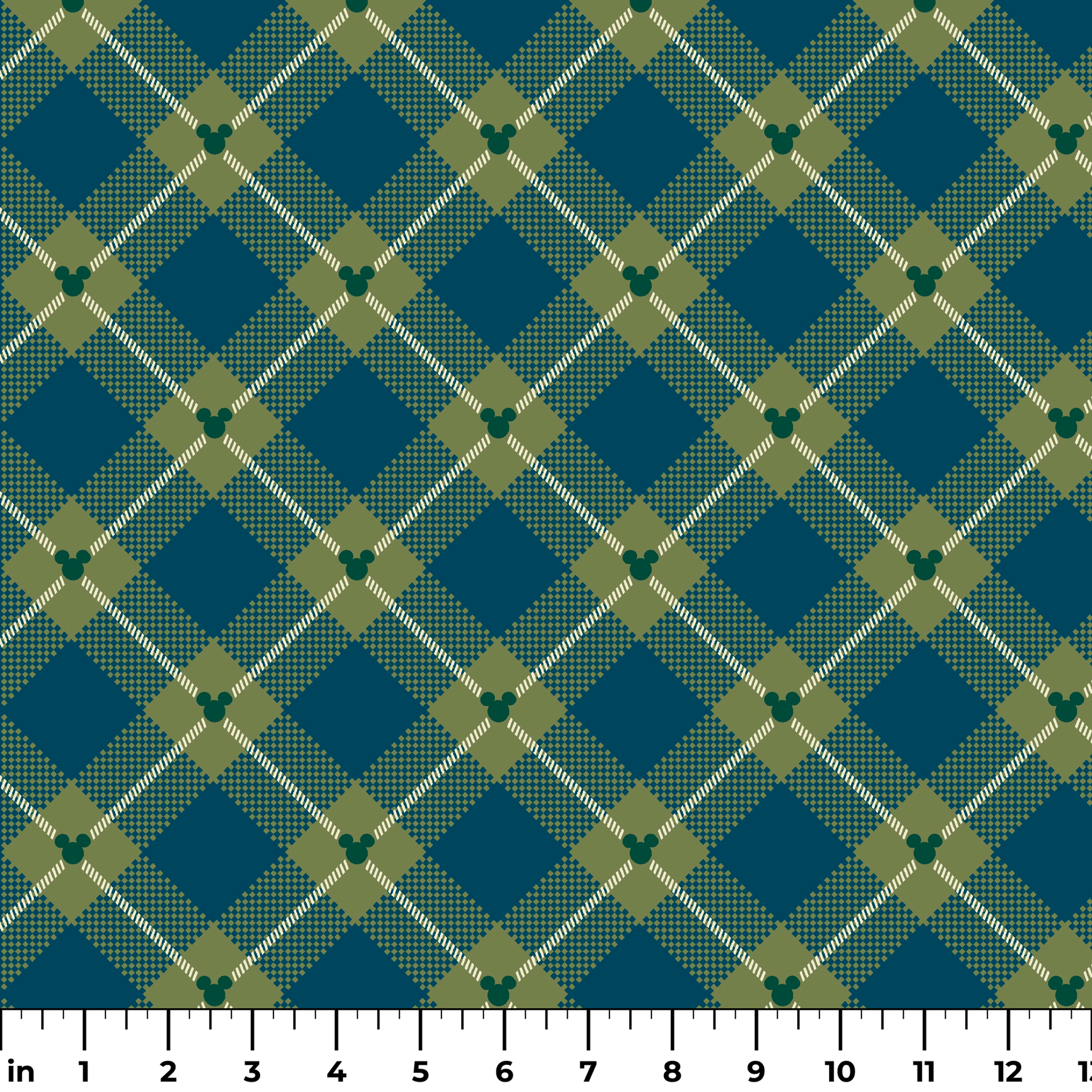 Geometric plaid pattern with teal and olive green diamonds, white diagonal stripes and checkered textures ruler