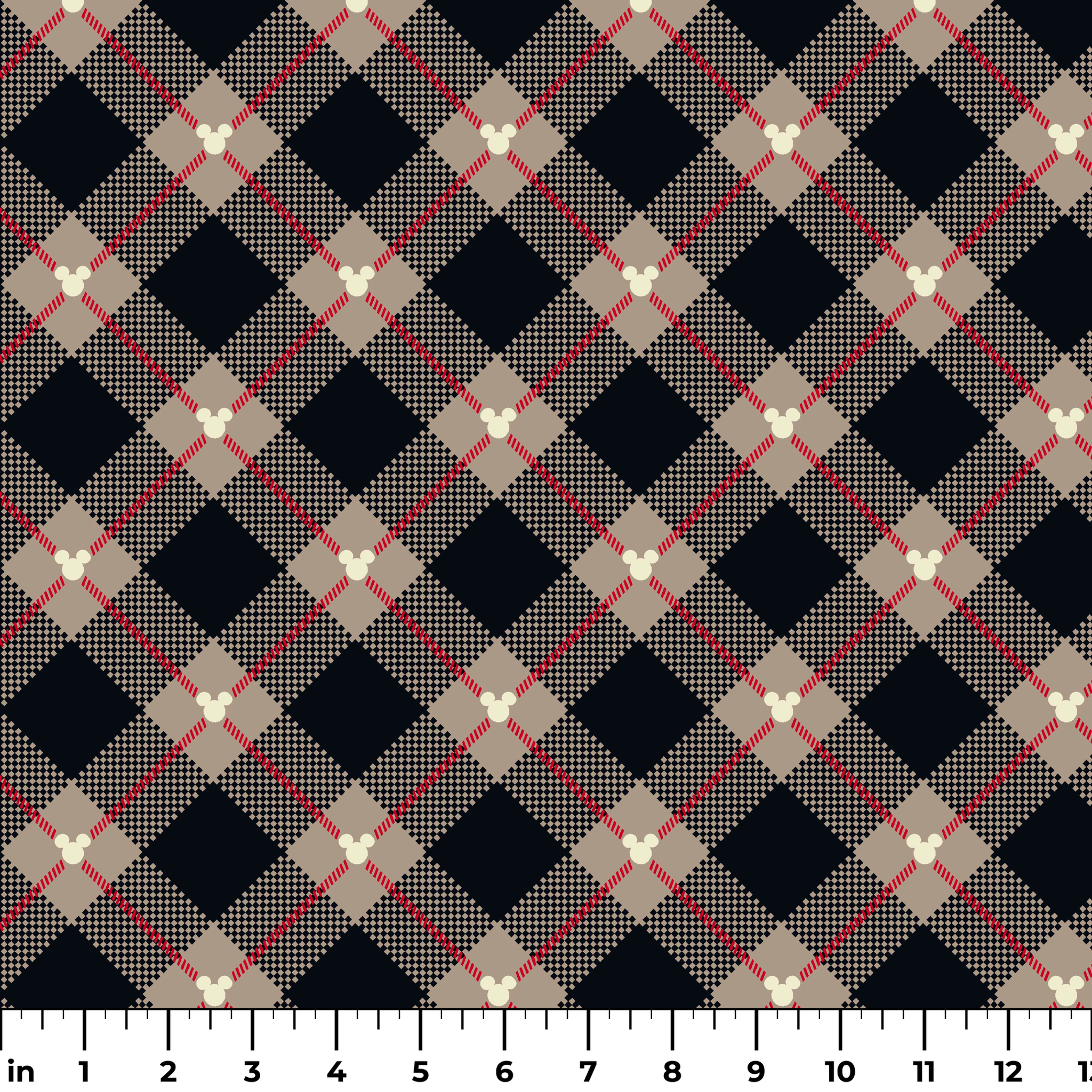 Diagonal plaid pattern with navy, beige, red stripes, checkered sections and small white circular details ruler