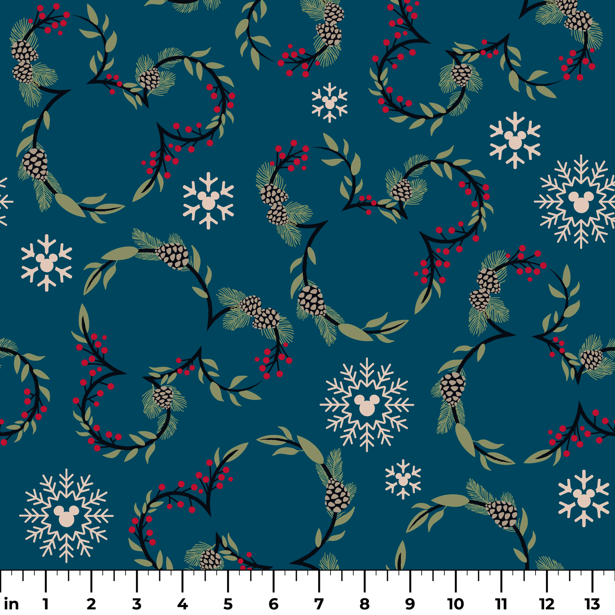 Holiday pattern with circular wreaths, white snowflakes, and botanical elements on teal background ruler