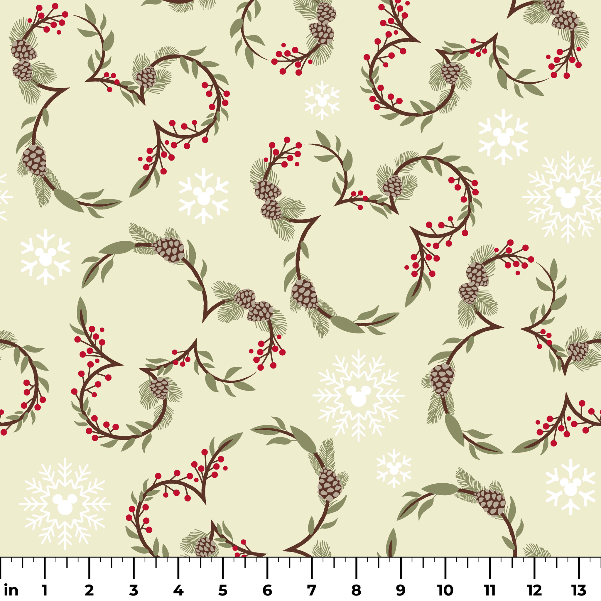 Holiday pattern with pine wreaths, red berries, and white snowflakes on light green background ruler