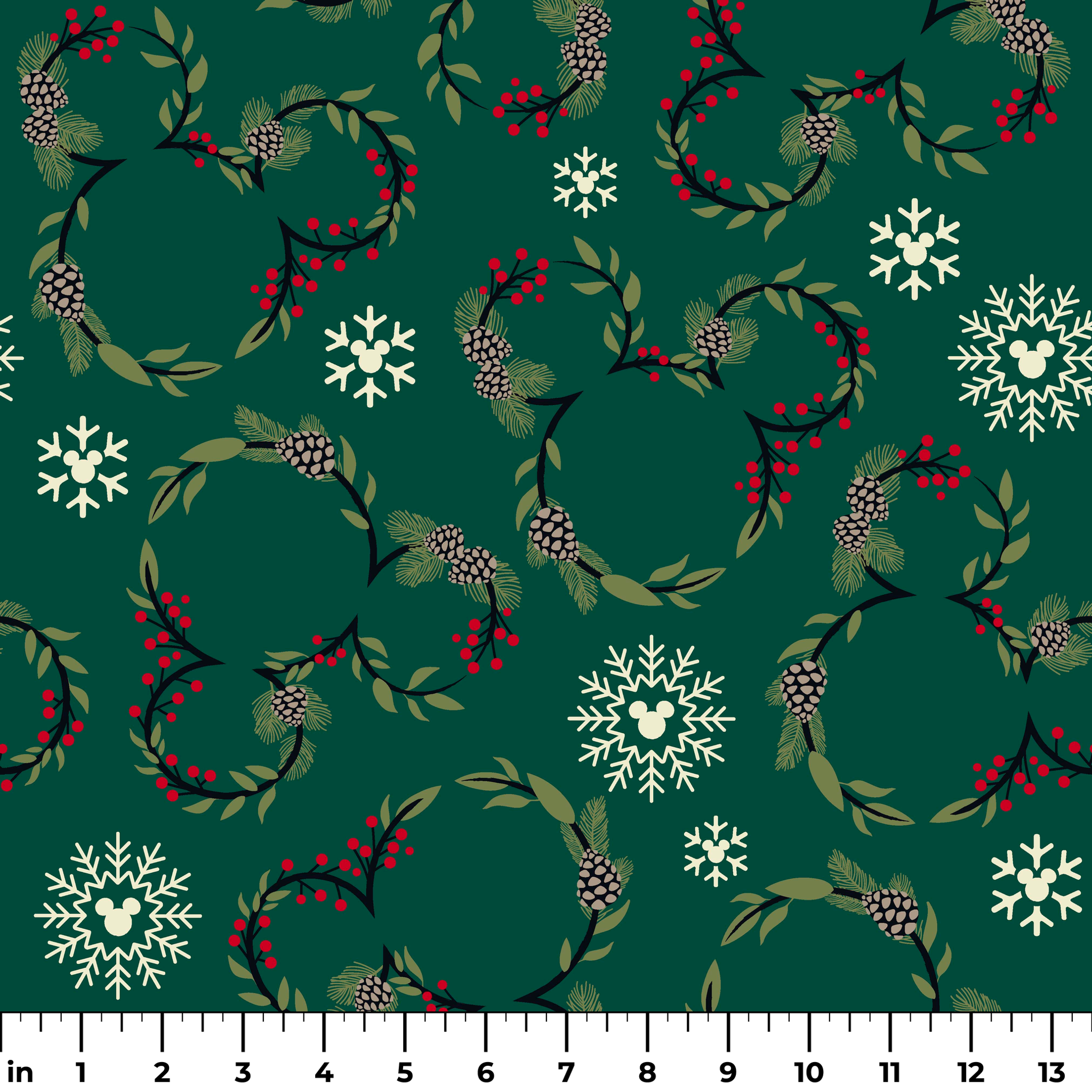 Holiday pattern with green wreaths, pinecones, red berries and white snowflakes on dark green background ruler