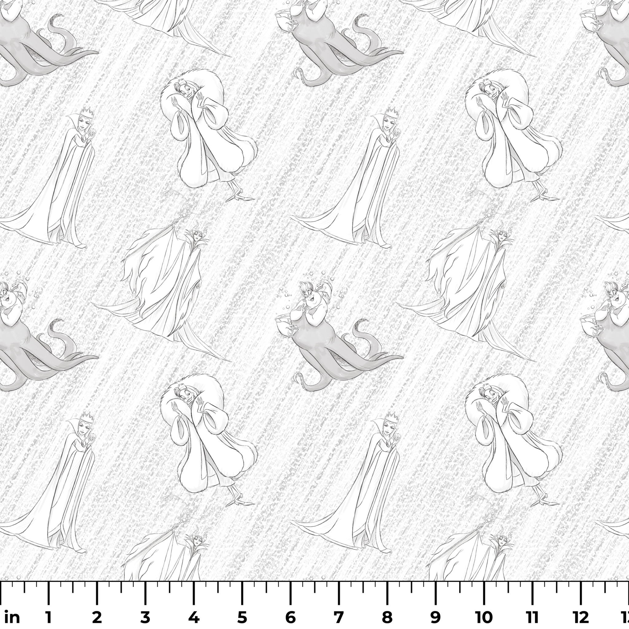 Sketched Disney villains scattered across a textured diagonal background in grayscale ruler