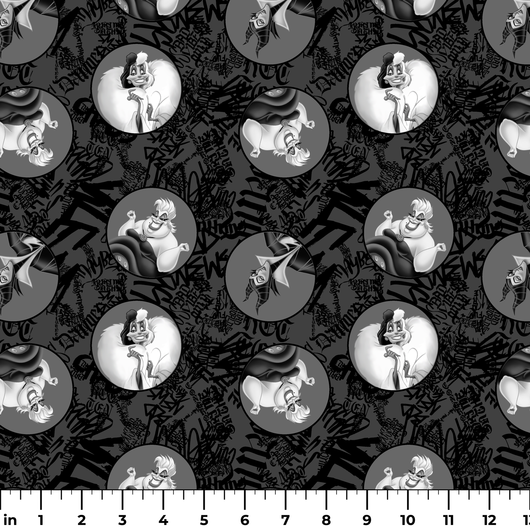 Cartoon character with tentacle-like hair in circular medallions on dark background with graffiti-style text ruler