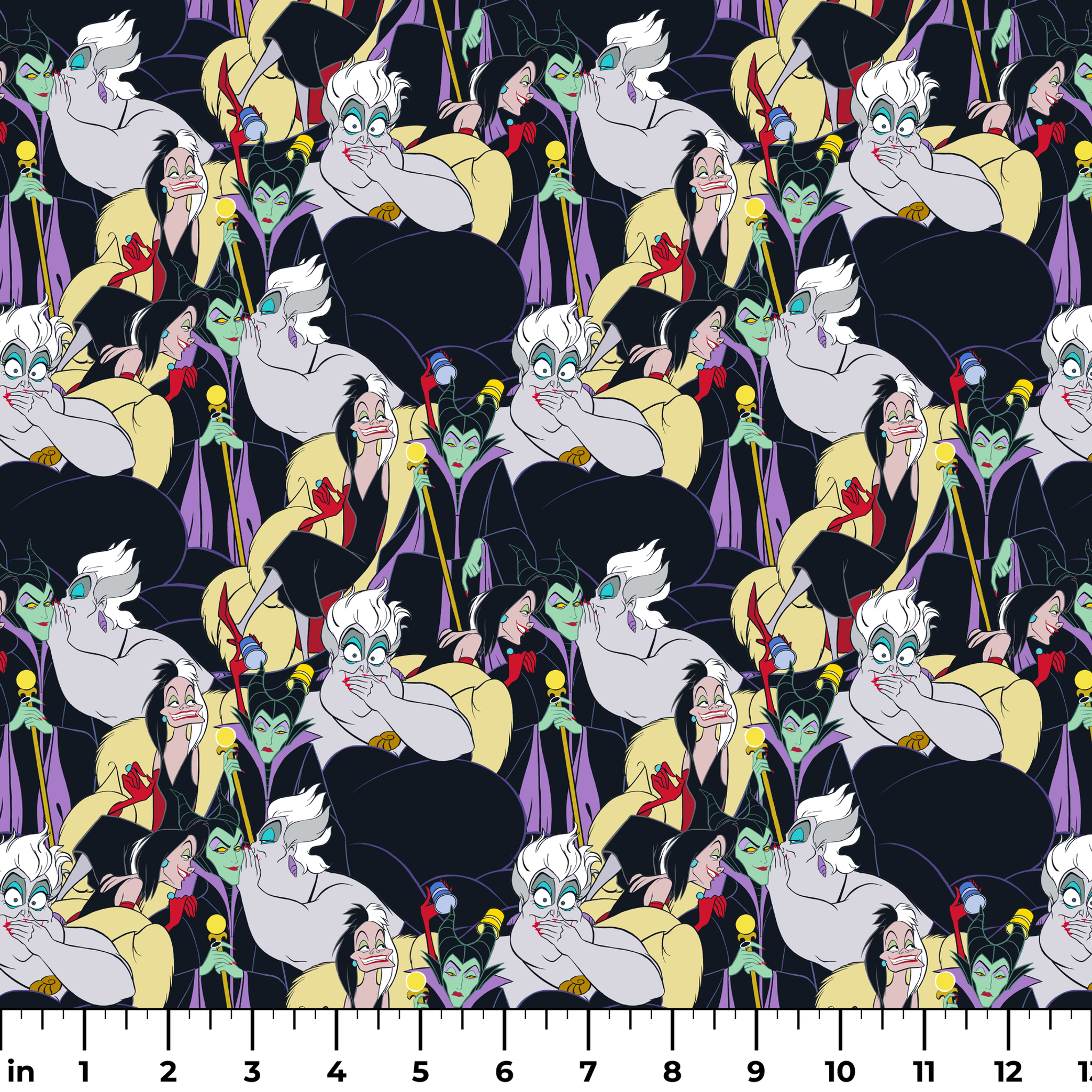Colorful pattern of Disney villains including Ursula, Maleficent, and Cruella de Vil on dark background ruler