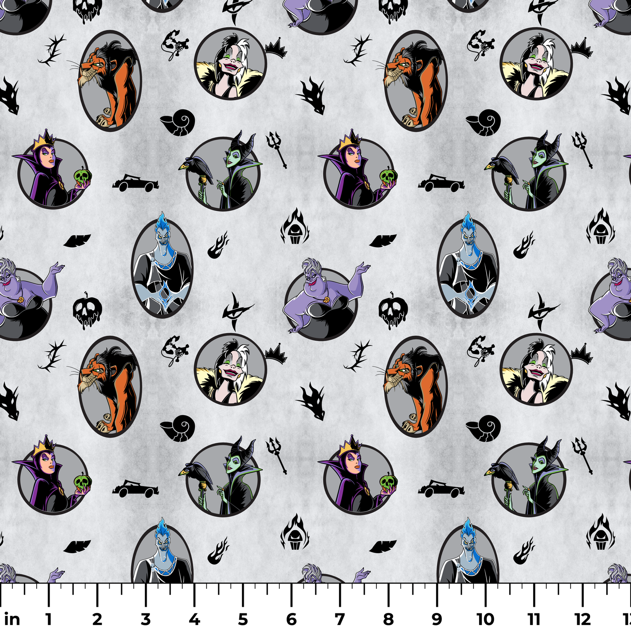 Disney villain characters in circular portraits on a gray background with spooky silhouette symbols ruler
