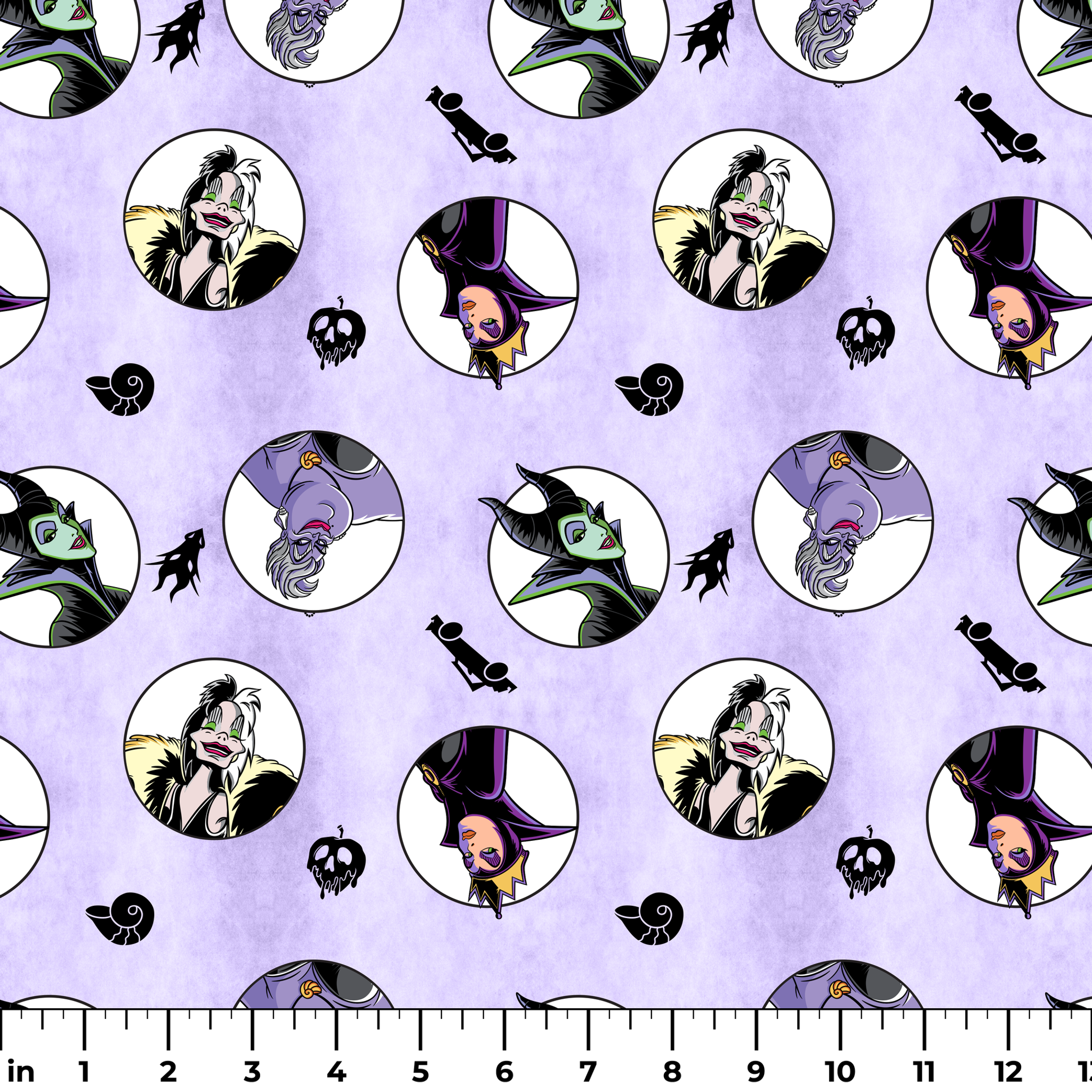 Disney villains pattern with circular character portraits on lavender background with black silhouettes of iconic symbols ruler