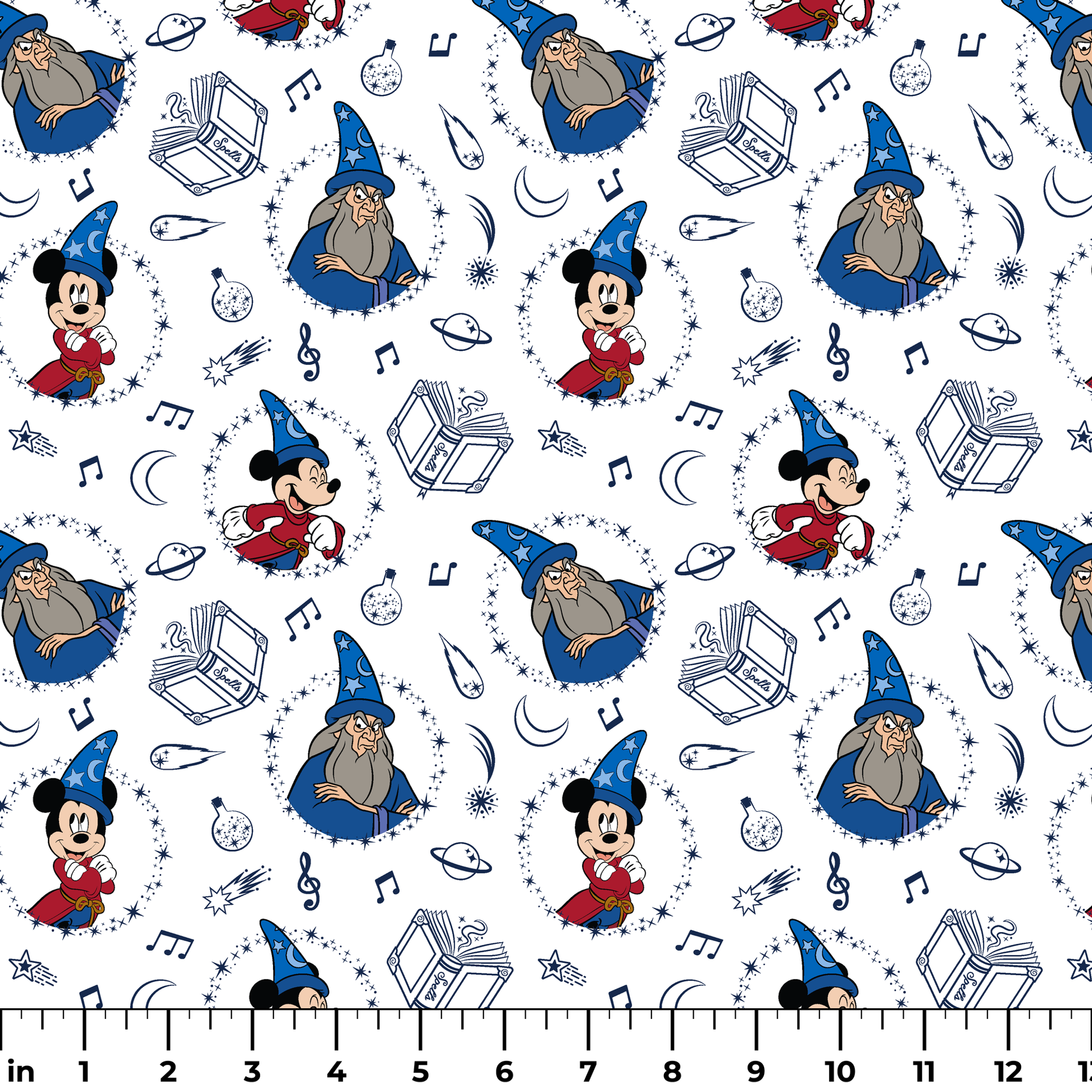 Disney's Fantasia pattern with Mickey Mouse in wizard hat, magical books, music notes, celestial elements on white background ruler