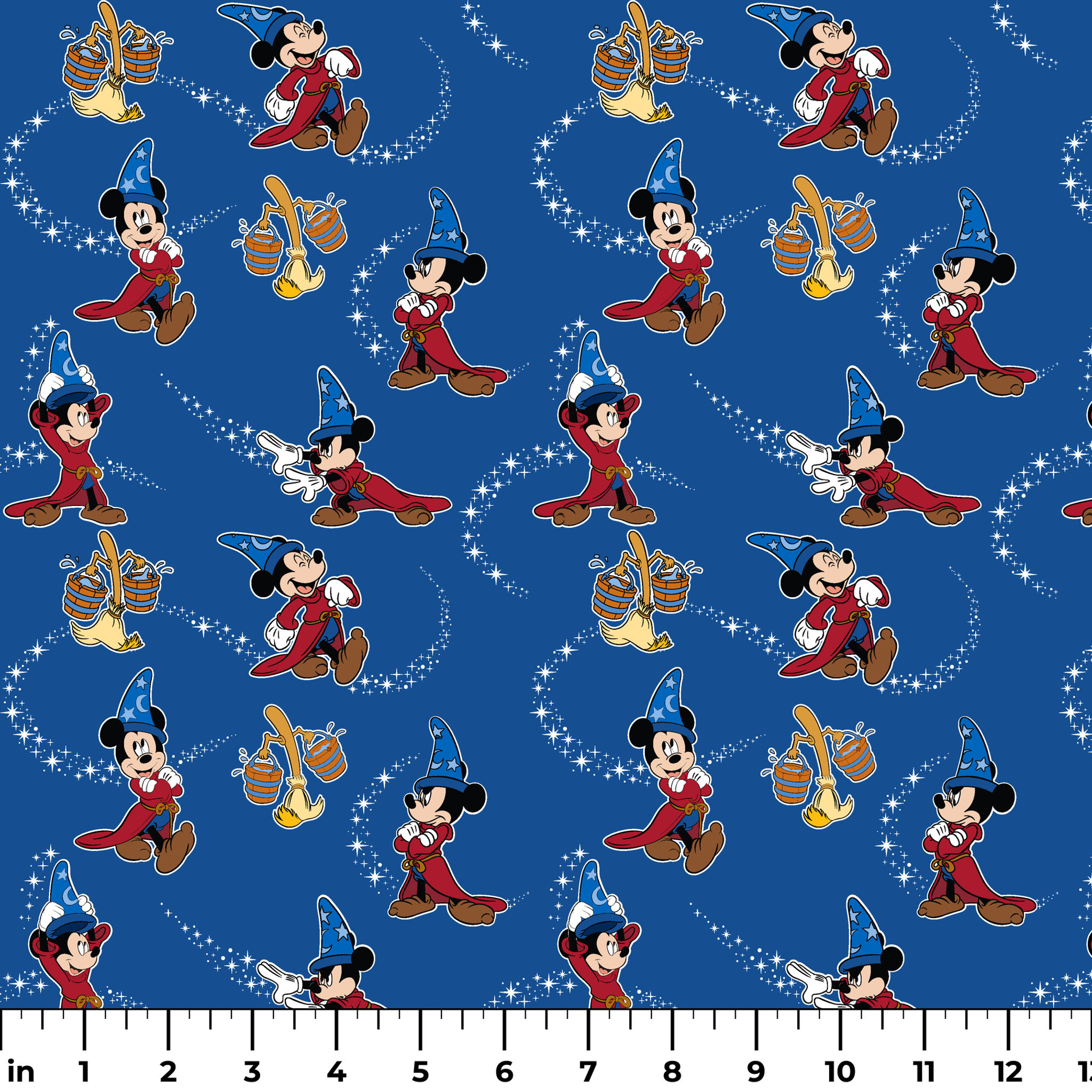 Mickey Mouse as Fantasia's Sorcerer's Apprentice in various poses with magic stars on blue background. ruler
