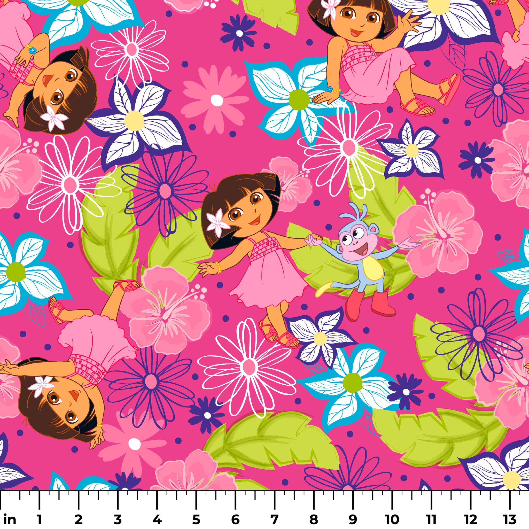 Colorful cartoon pattern with Dora the Explorer characters among vibrant flowers on pink background ruler