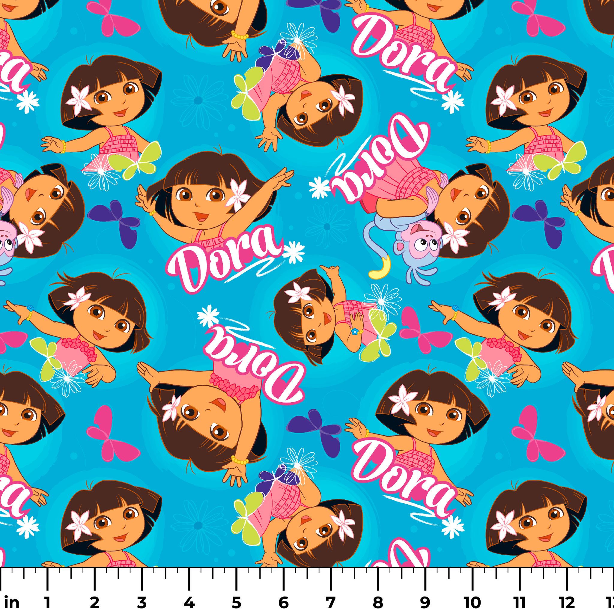 Bright blue pattern with cartoon character Dora, flowers, and "Dora" text repeated throughout ruler