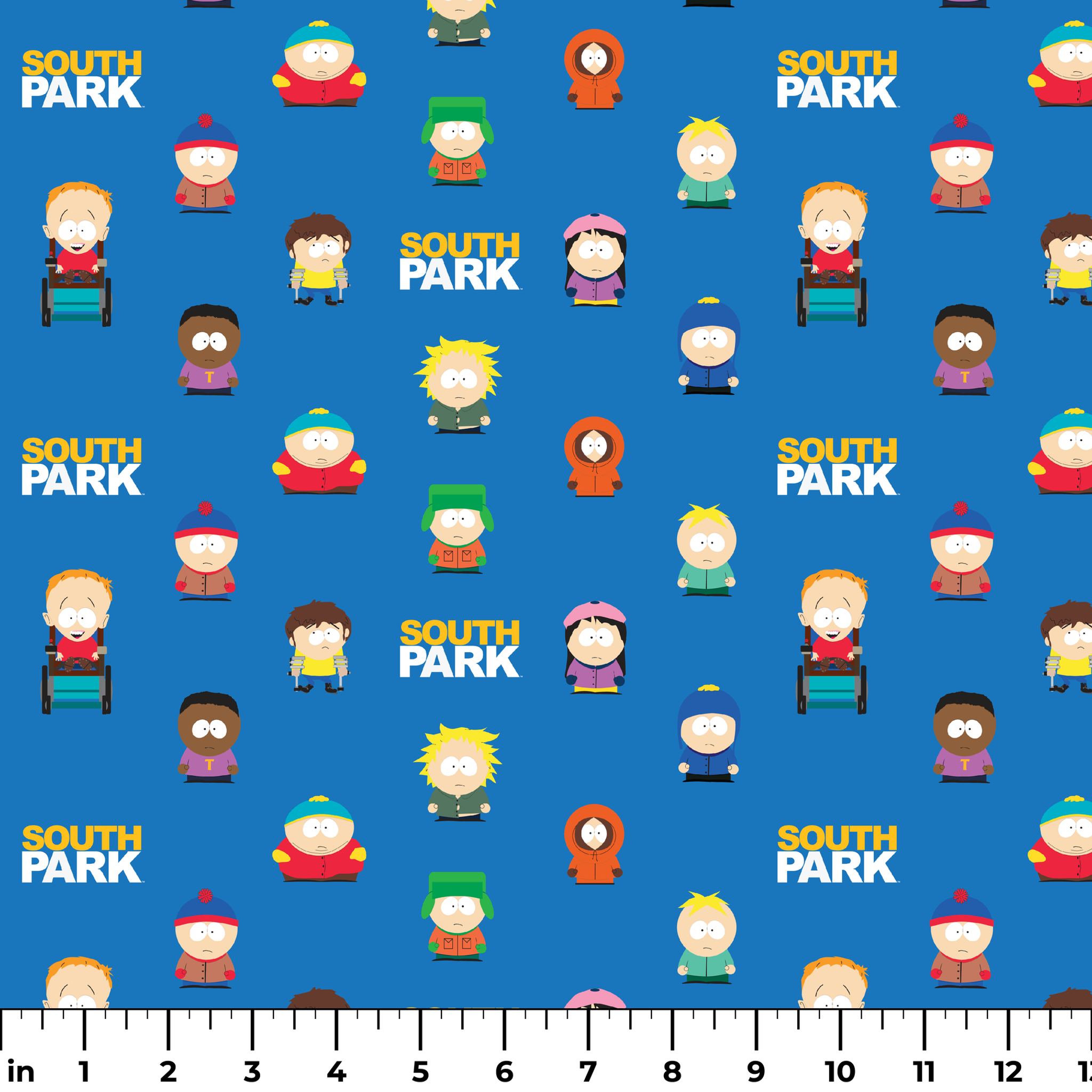 Stan, Kyle, Cartman, Kenny, Butters, Tweek, Jimmy, Wendy, Token, and other South Park characters with the show’s logo on a bright blue background in a scattered repeat. ruler