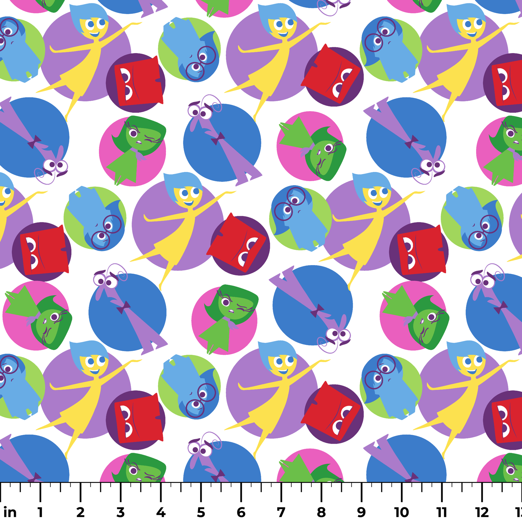 Colorful pattern of Inside Out characters with expressive eyes in overlapping purple, blue, red, and green circles ruler