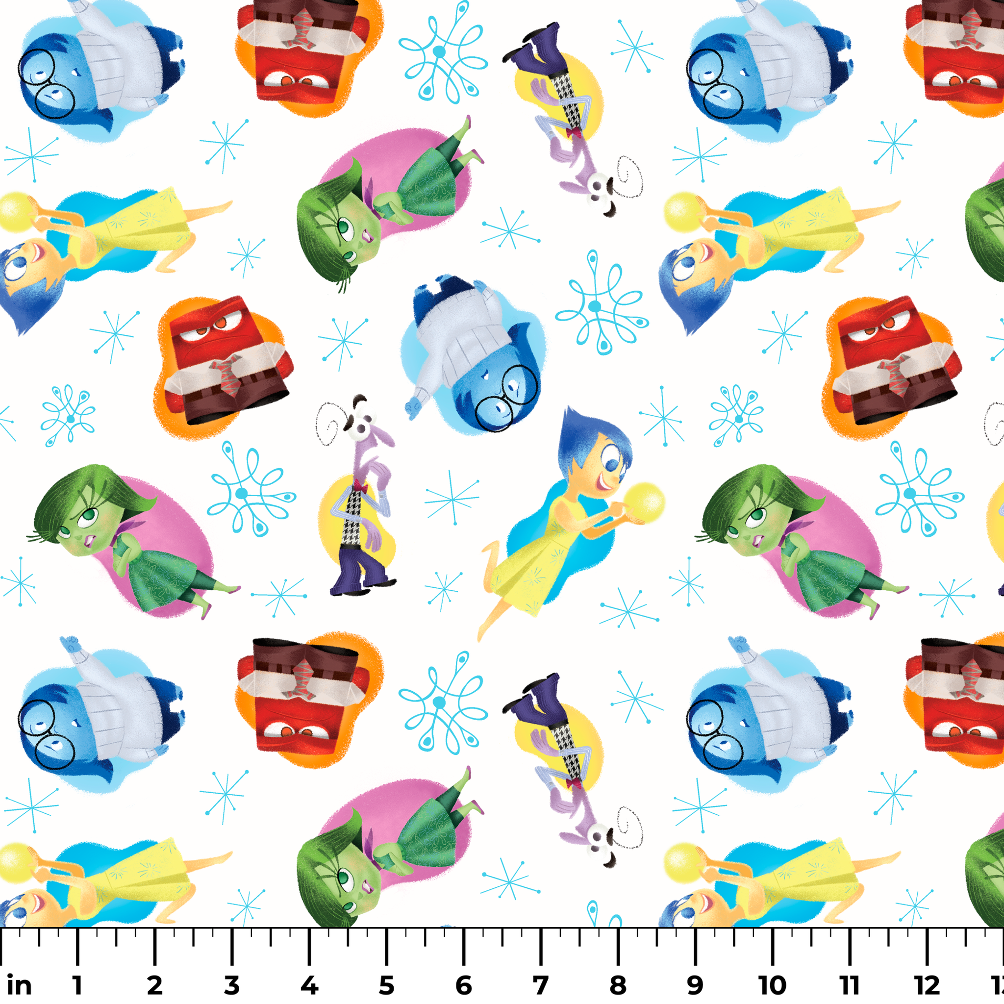 Colorful pattern of cartoon Inside Out characters with snowflake accents on white background ruler