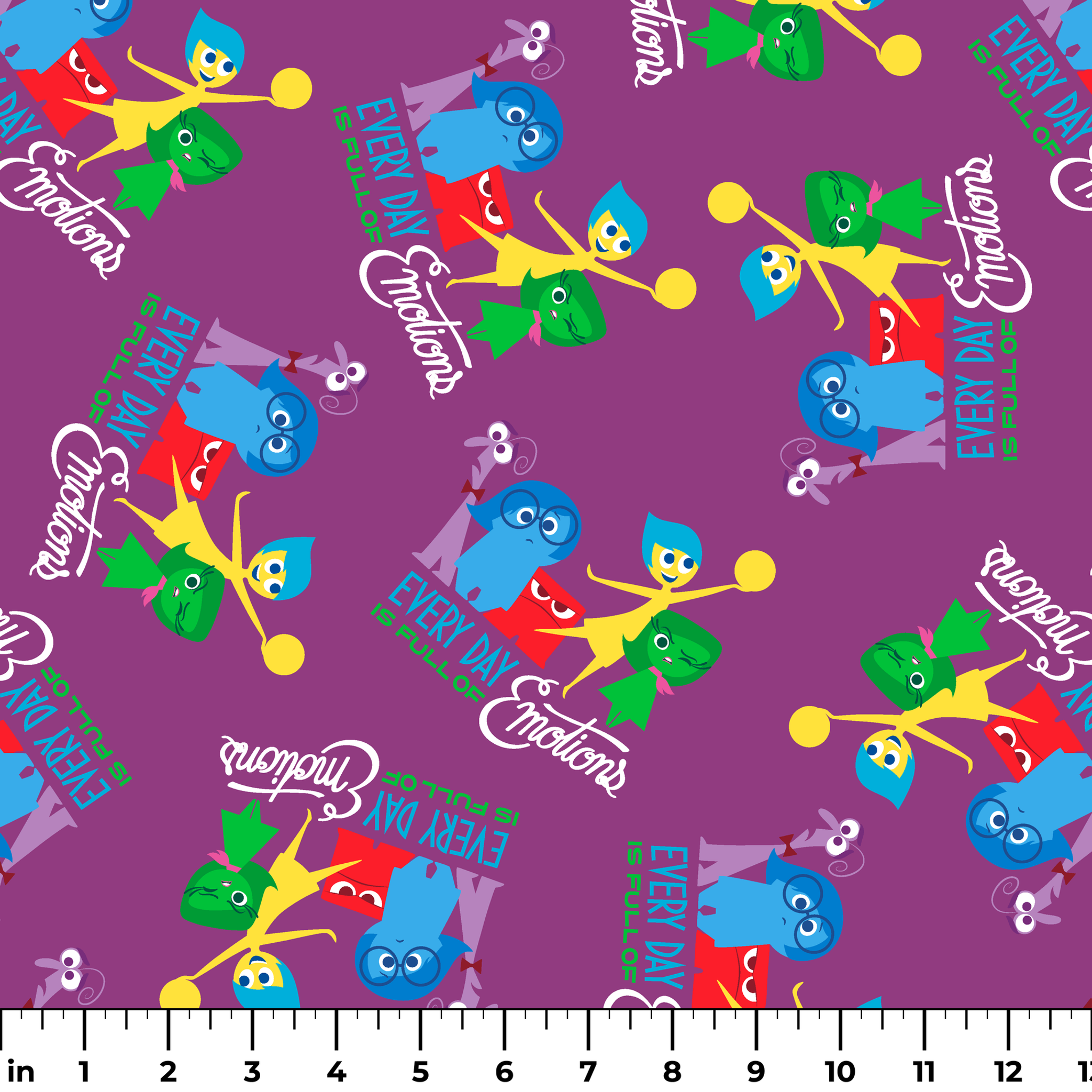 Purple background with repeating pattern of Inside Out characters - Joy, Sadness, Anger, Disgust, Fear, and text elements. ruler