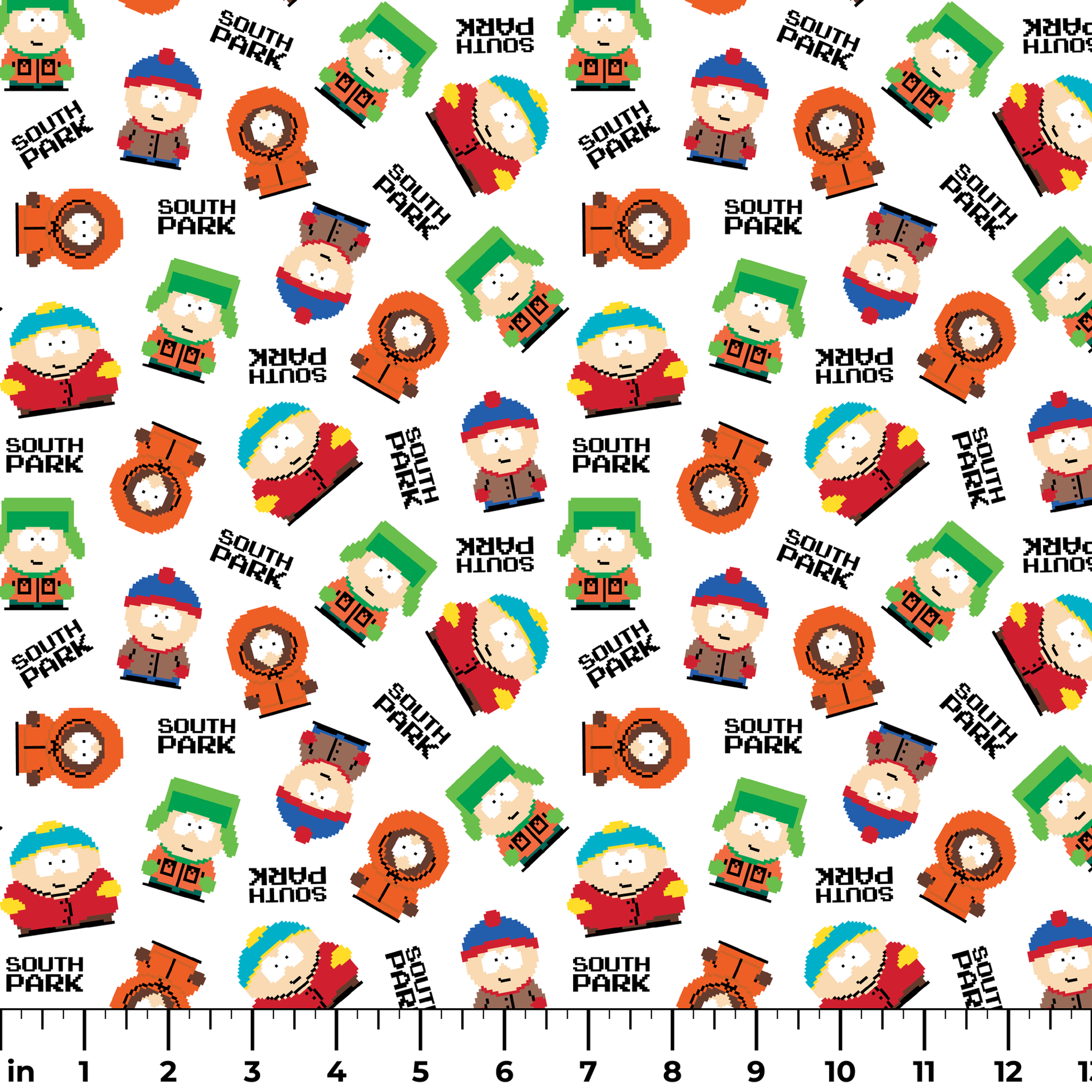Pixel art versions of Stan, Kyle, Cartman, and Kenny with the South Park logo in black, tossed on a white background in various rotations. ruler