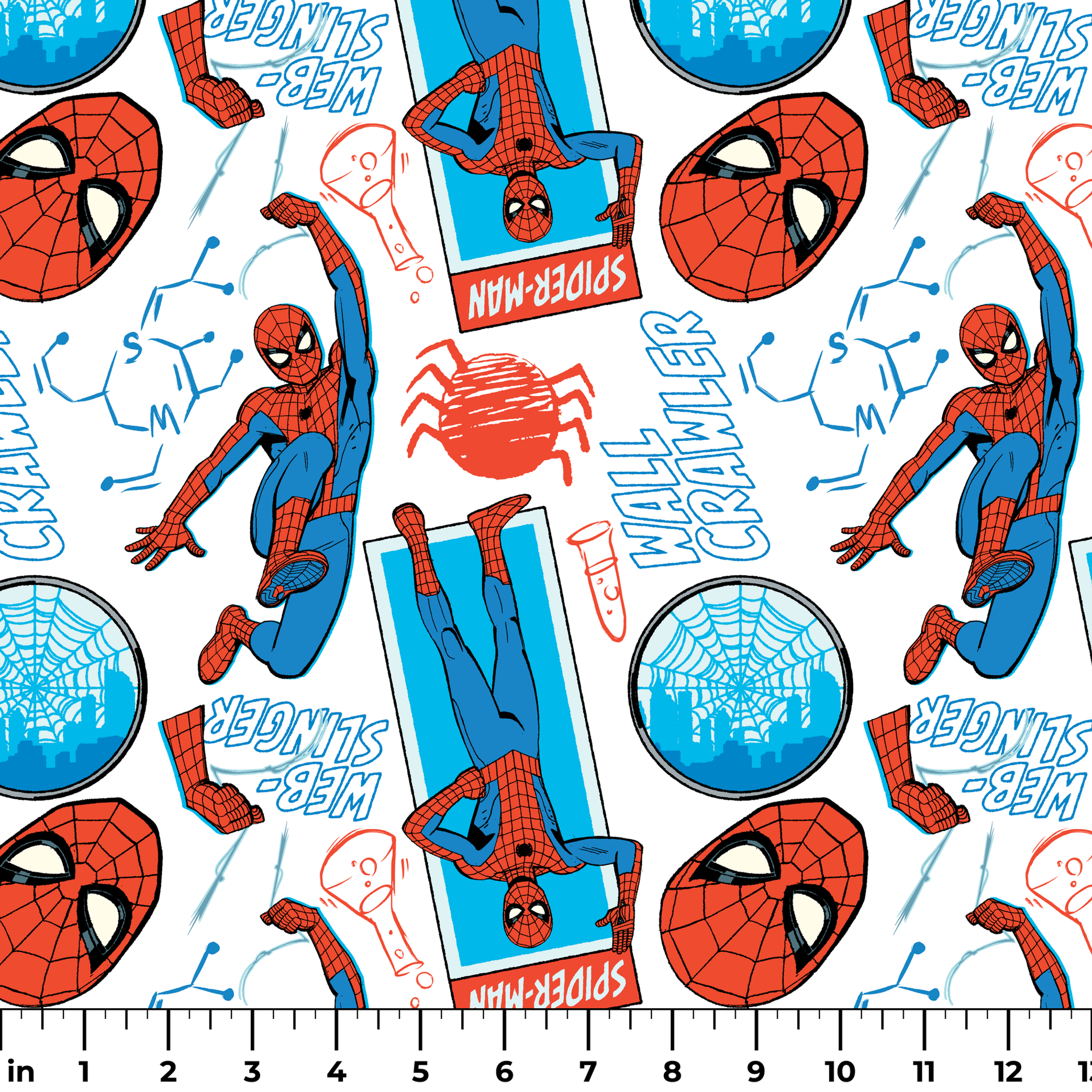 Comic-style Spider-Man pattern with red and blue figures in various poses, spider symbols, and text on white background ruler