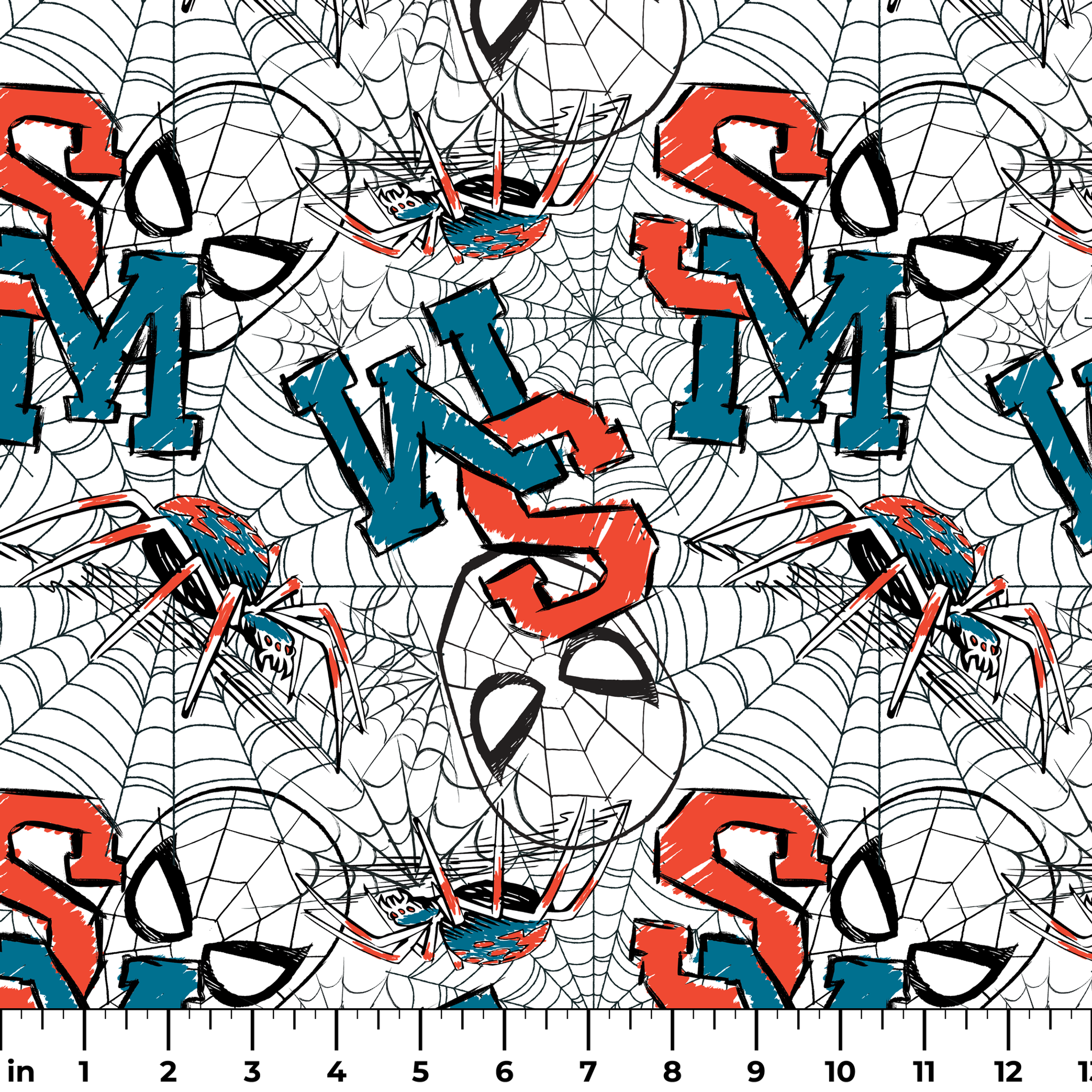 Abstract design with blue and red letters (S, M, K) overlaid with black spider web patterns on white background ruler