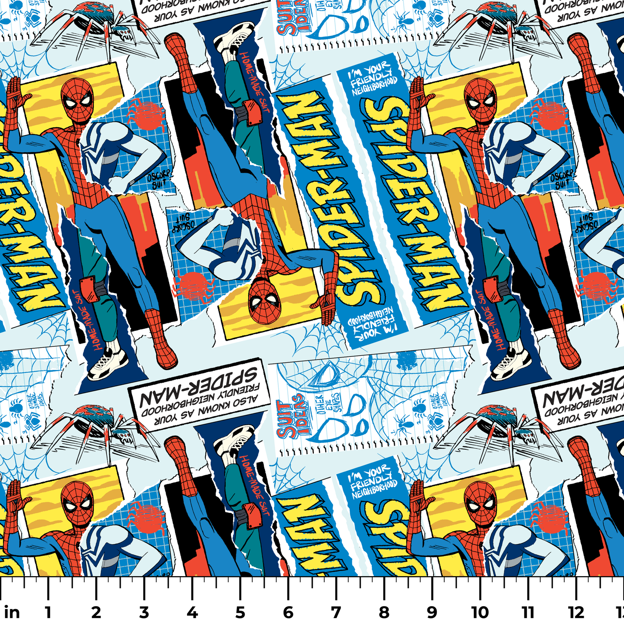 Spider-Man comic book style pattern with red and blue superheroes in action poses against web-themed background ruler