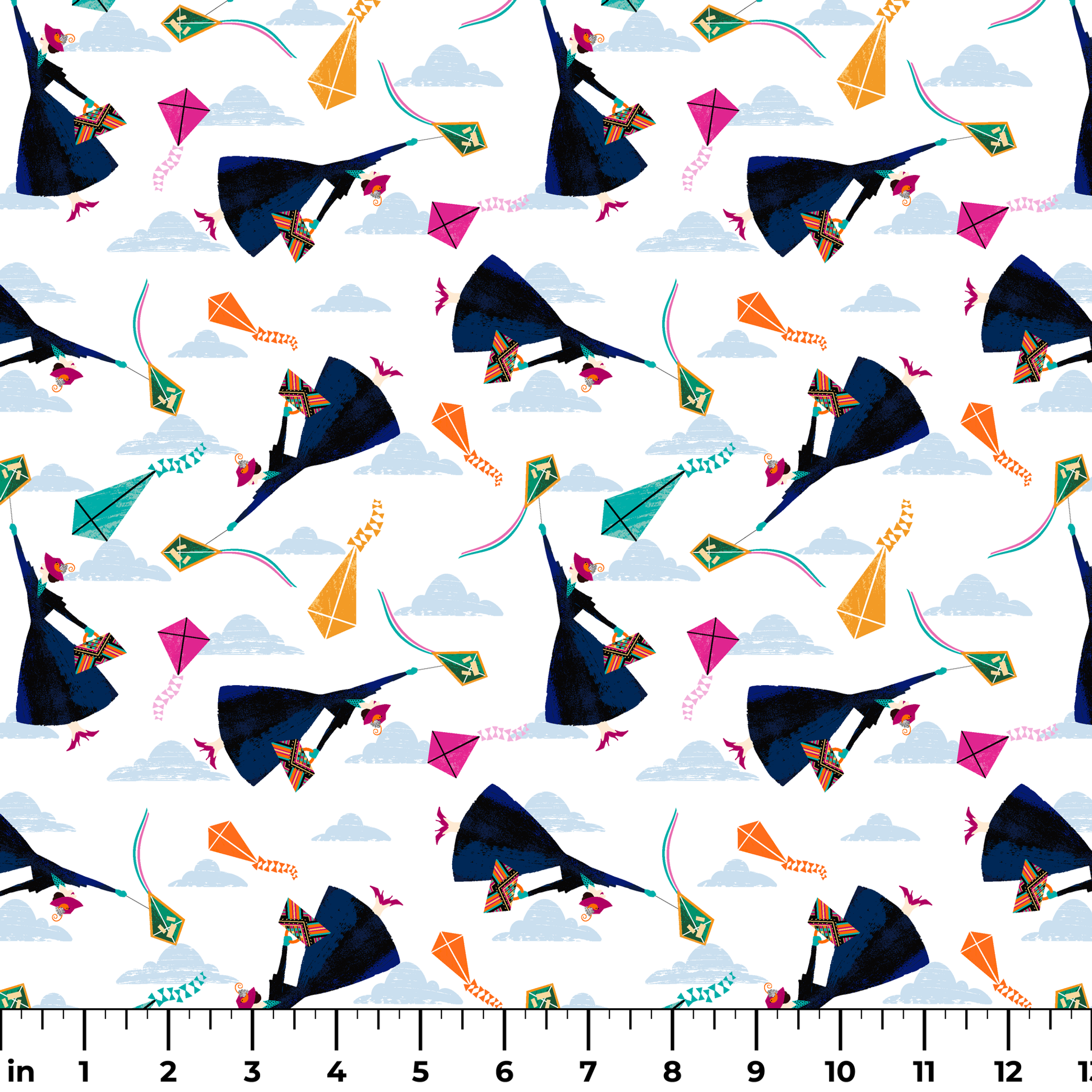 Colorful kites in orange, pink, and green along with Mary Poppins flying in a cloudy blue sky ruler