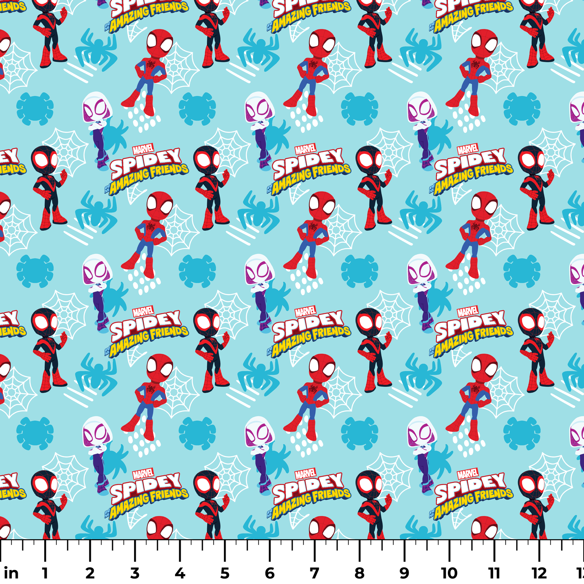 Marvel Spider-Man cartoon characters on blue background with spider webs and logos, featuring different Spider-Man costume variants. ruler