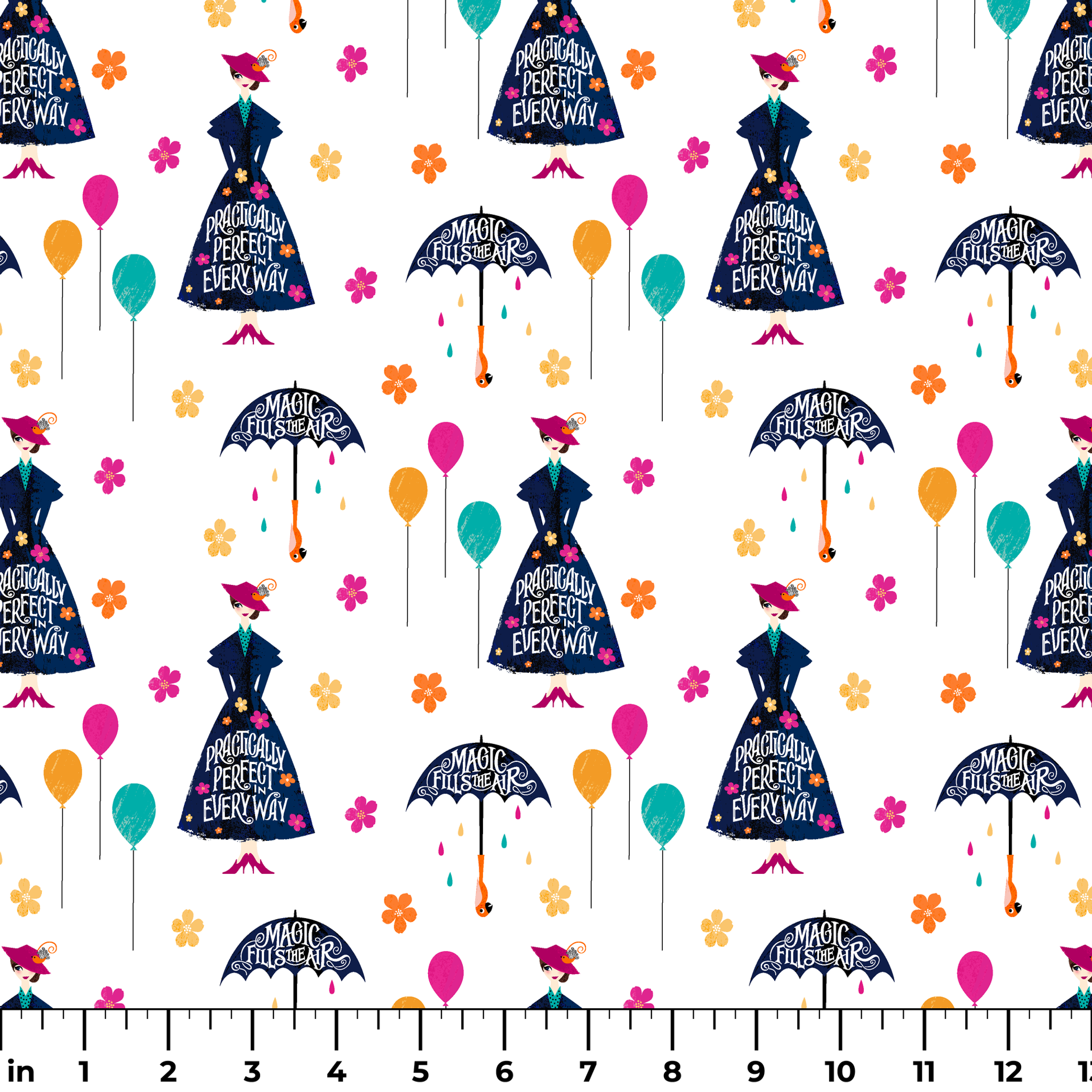 Colorful pattern with Mary Poppins-inspired silhouettes, umbrellas, balloons, and flowers on white background ruler