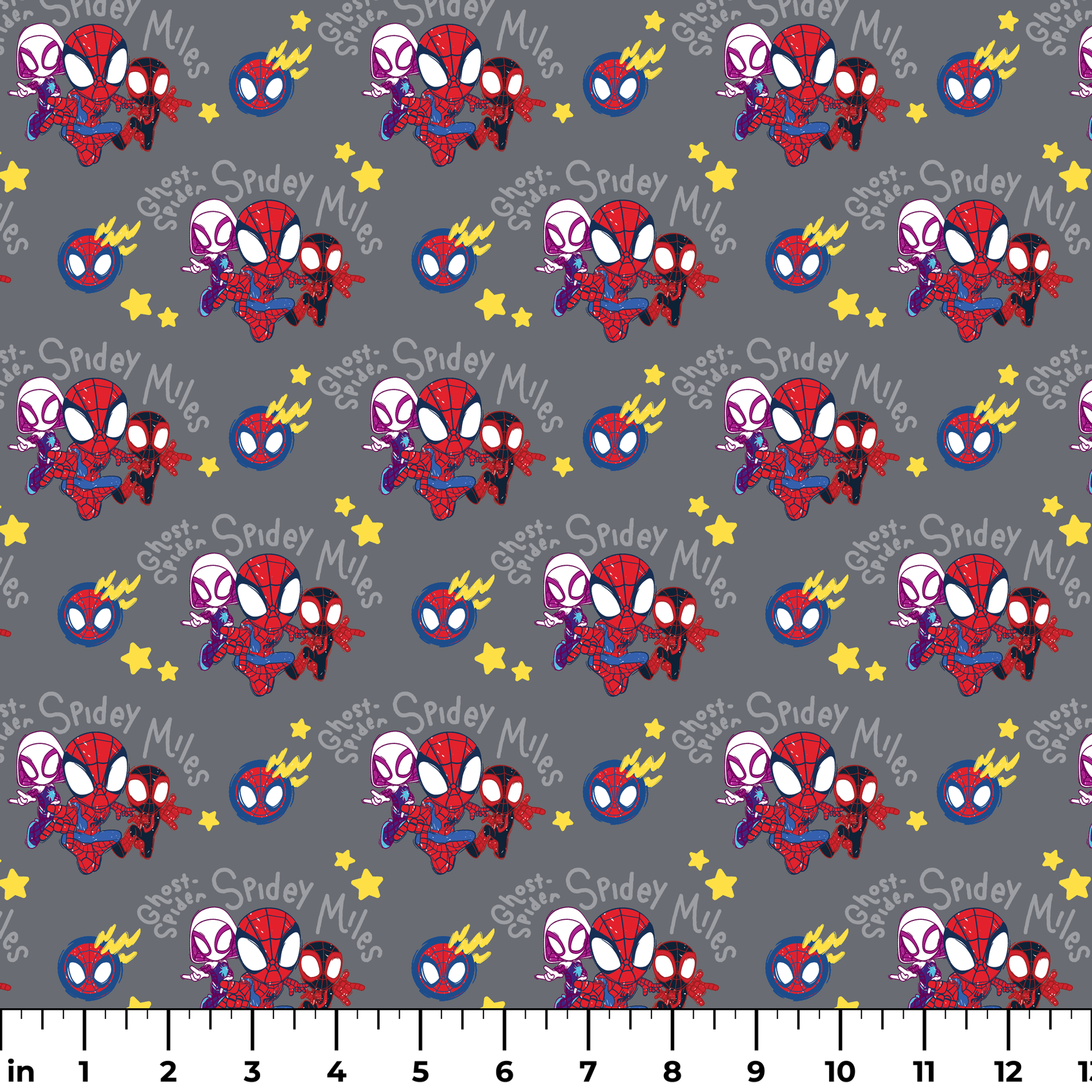 Cartoon Spider-Man characters pattern with stylized spider heroes and yellow stars on gray background ruler