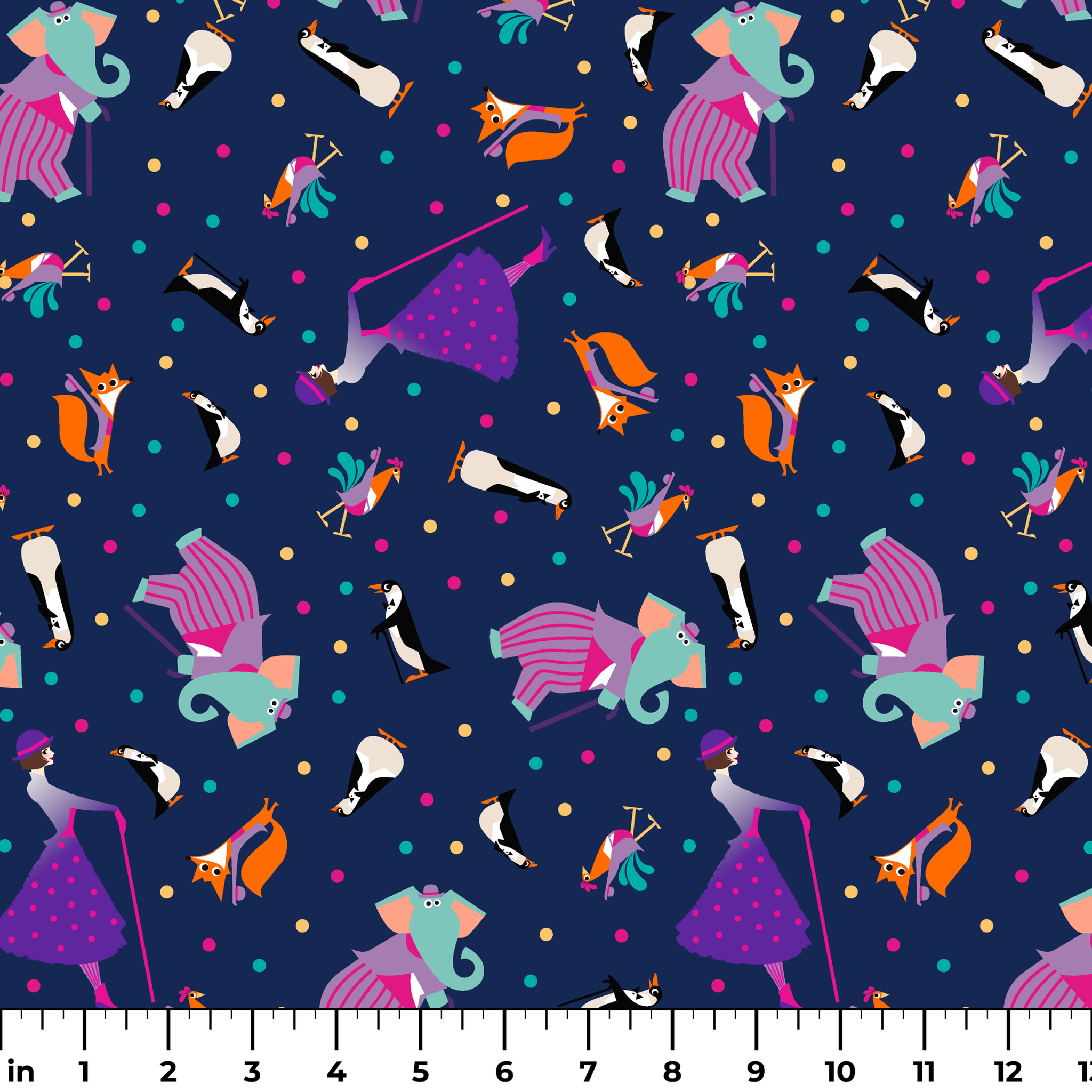 Colorful Mary Poppins pattern of whimsical animals including foxes and birds on a dark blue background with polka dots ruler