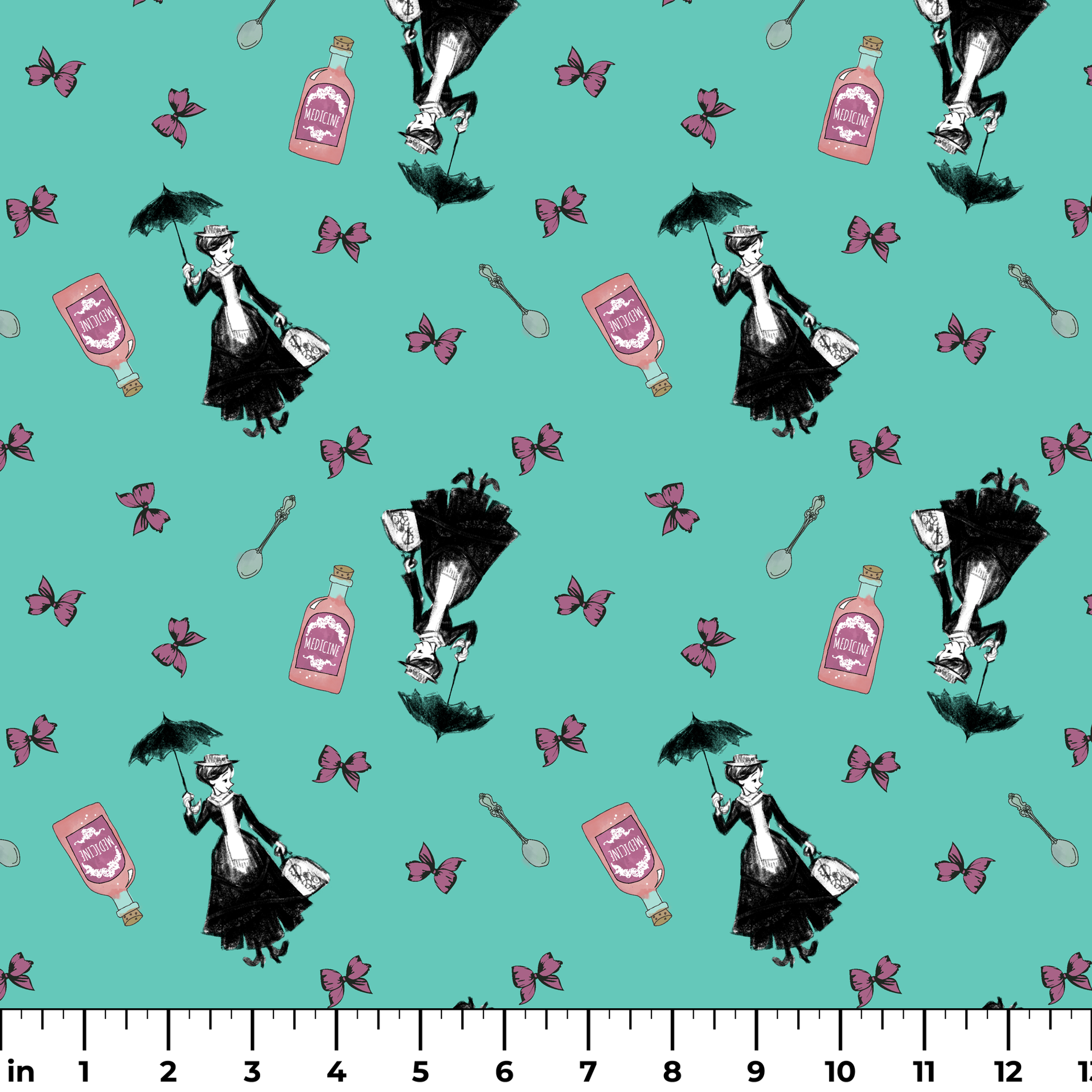 Whimsical illustration pattern with Mary Poppins holding umbrella, pink bottles, and purple butterflies on mint green background. ruler