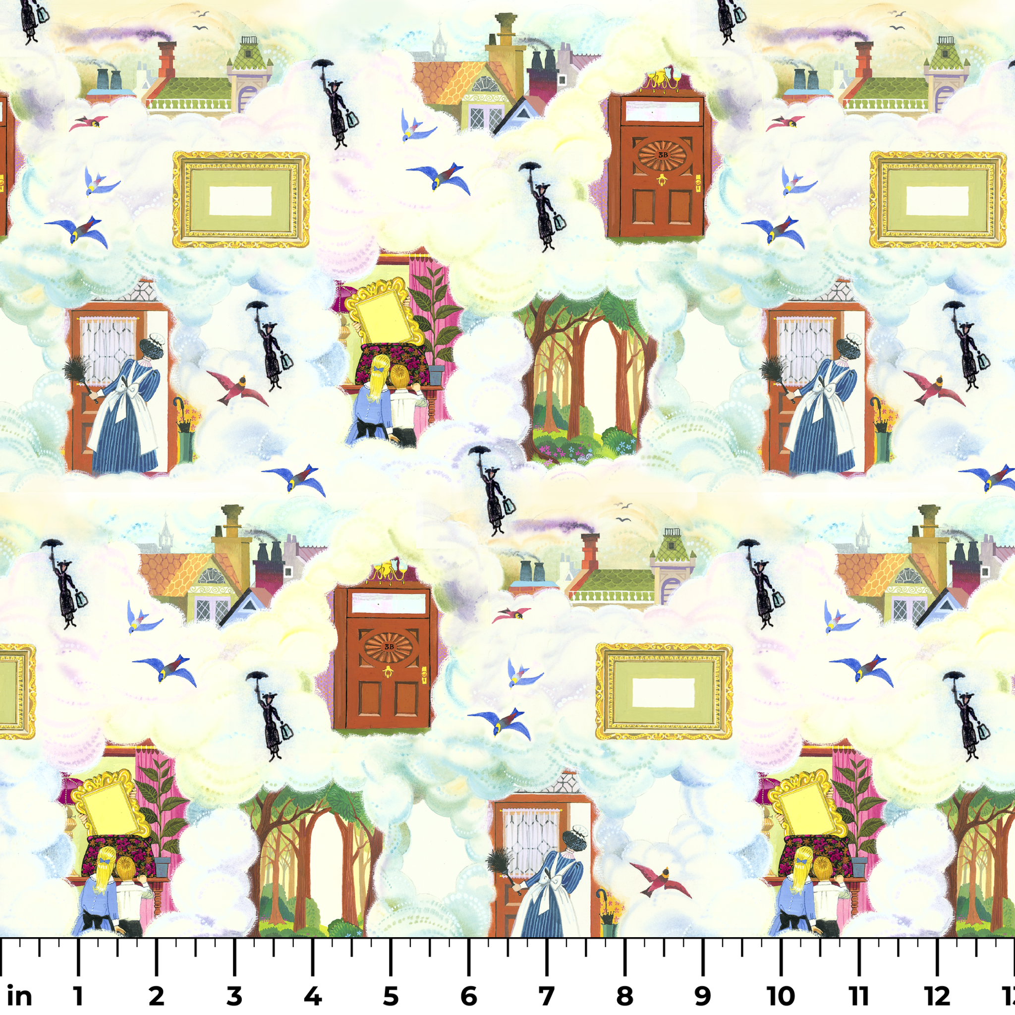 Whimsical pattern with colorful illustrated doorways, frames, and Mary Poppins with umbrellas on a pale blue background ruler