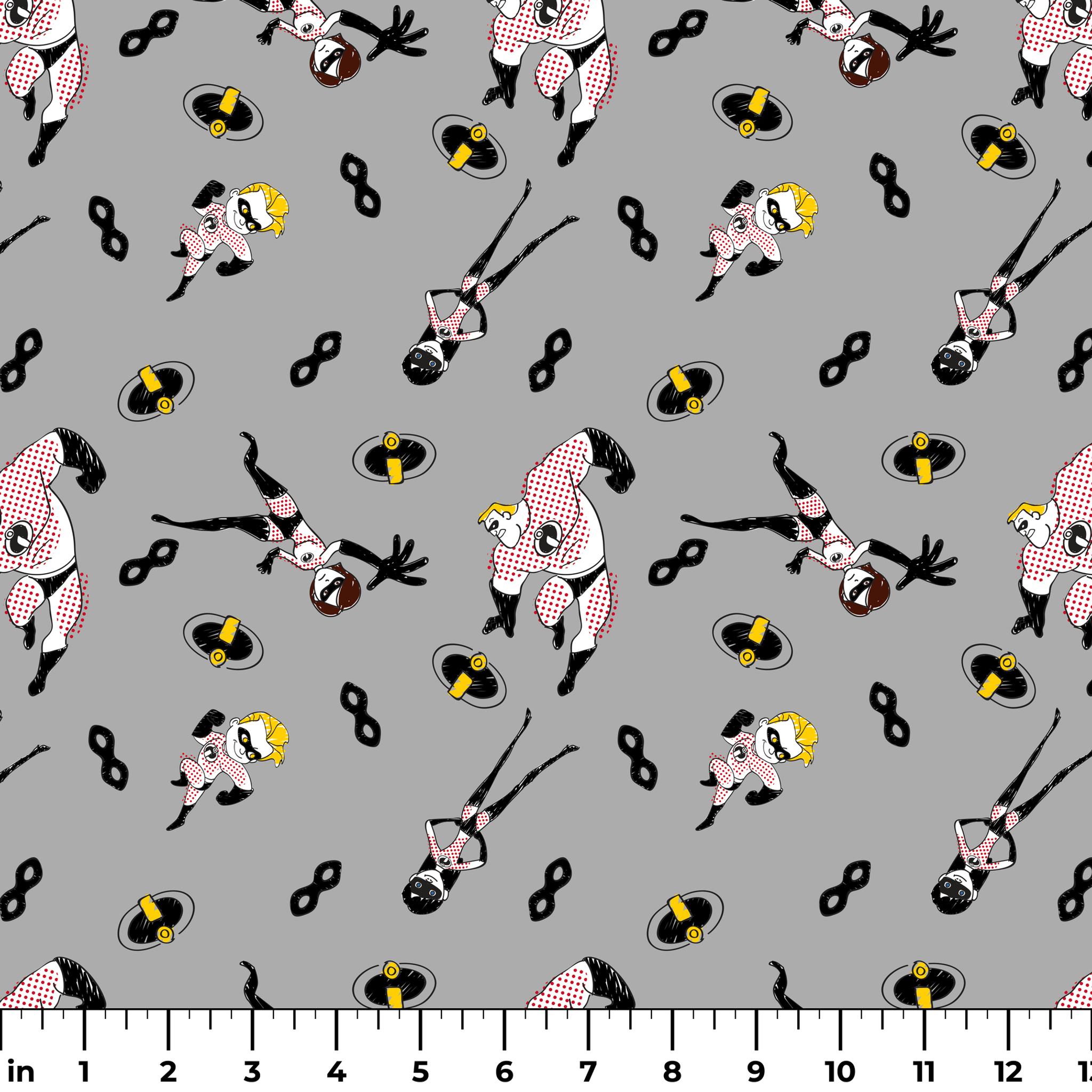 The Incredibles in black and white suits with yellow emblems scattered on gray background with masks ruler