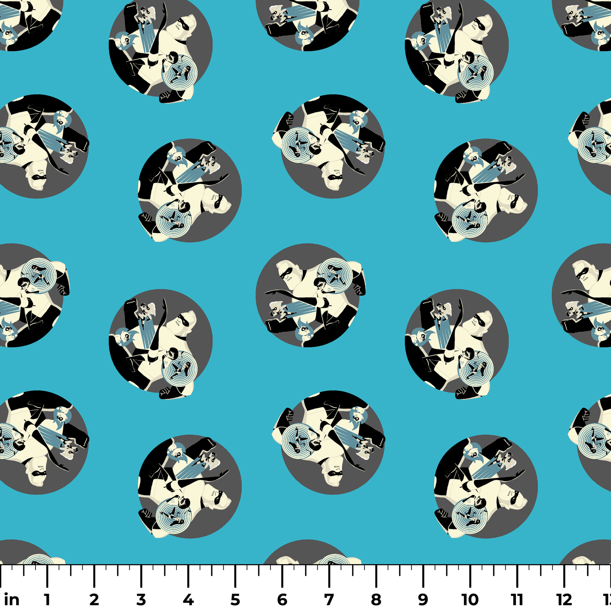 Repeating circular pattern of The Incredibles characters in gray circles on light blue background ruler