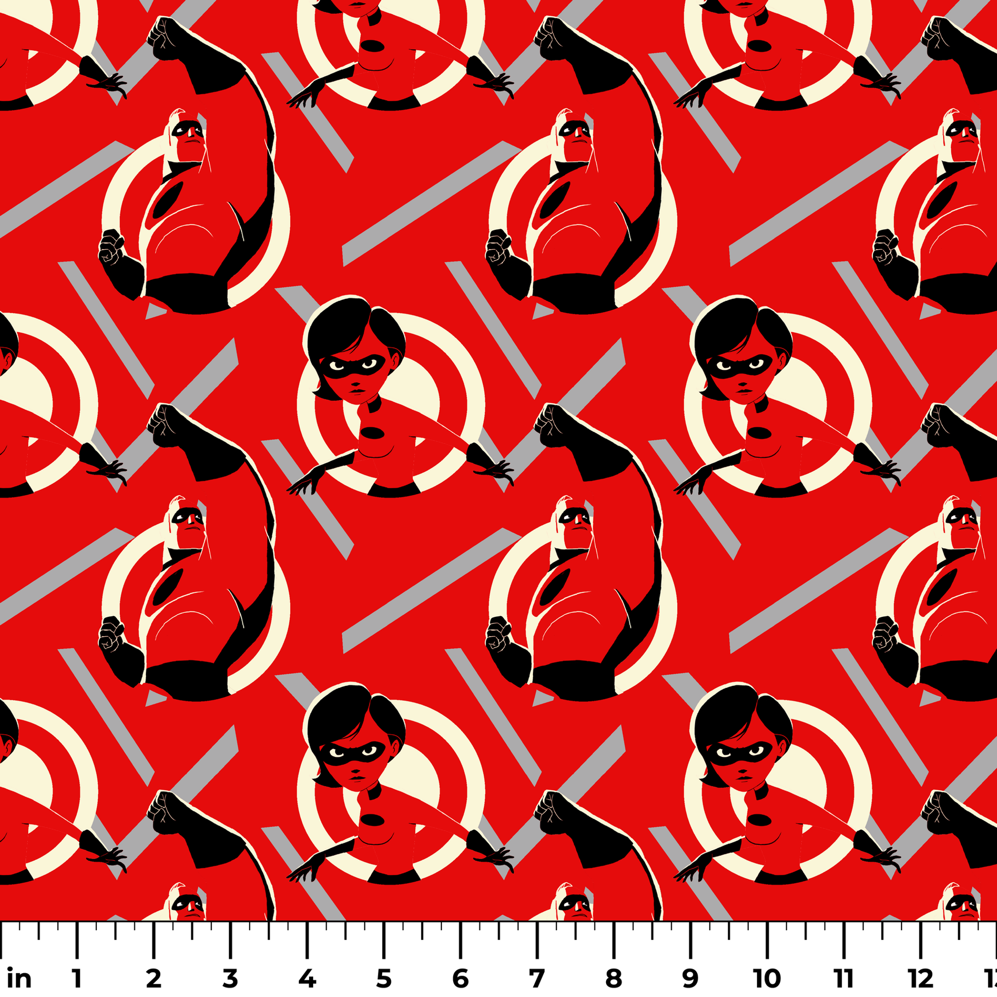 Stylized Incredibles characters in red, black and white with a dynamic pose against spiral background pattern. ruler