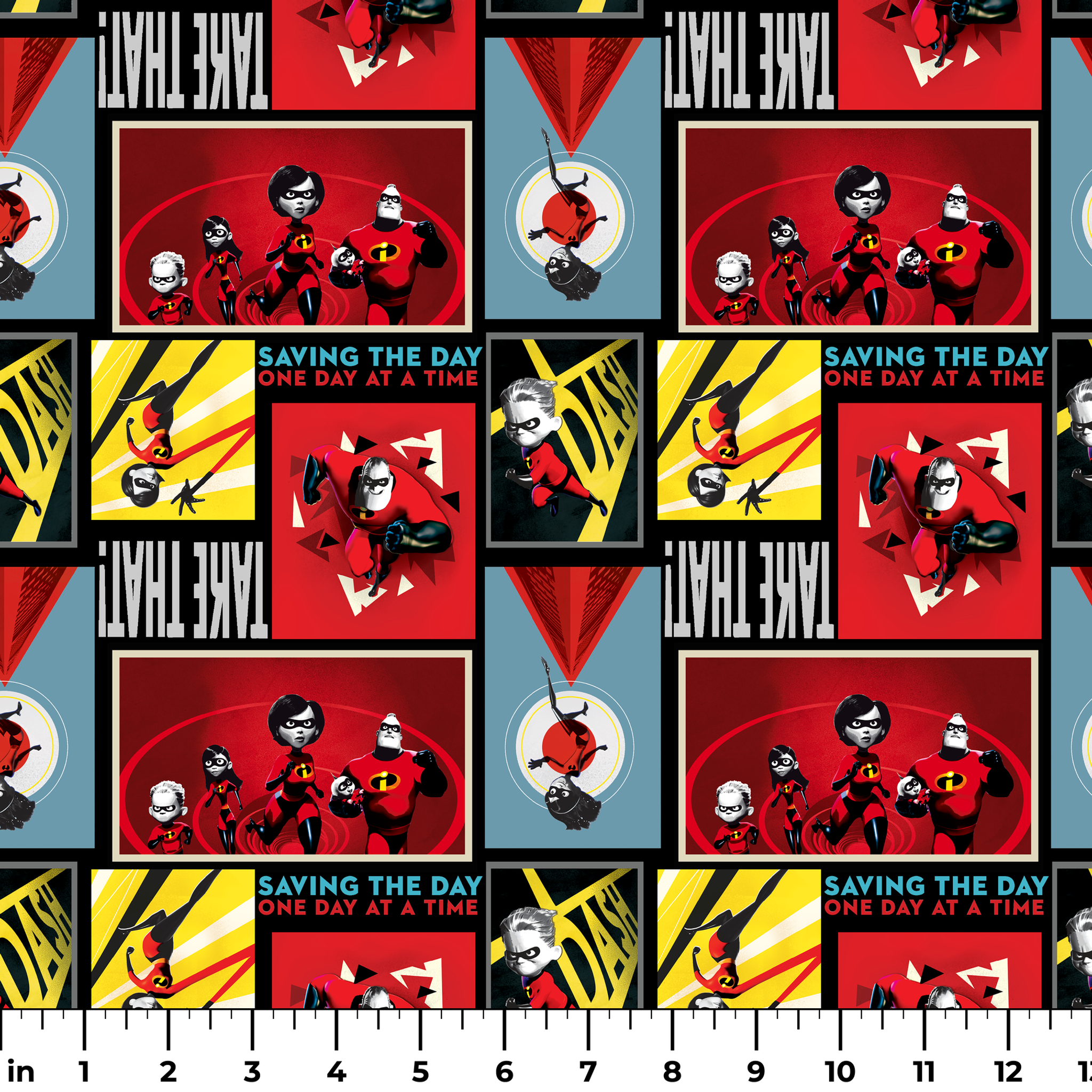 Incredibles superhero family comic style artwork with "Saving the Day One Day at a Time" text ruler