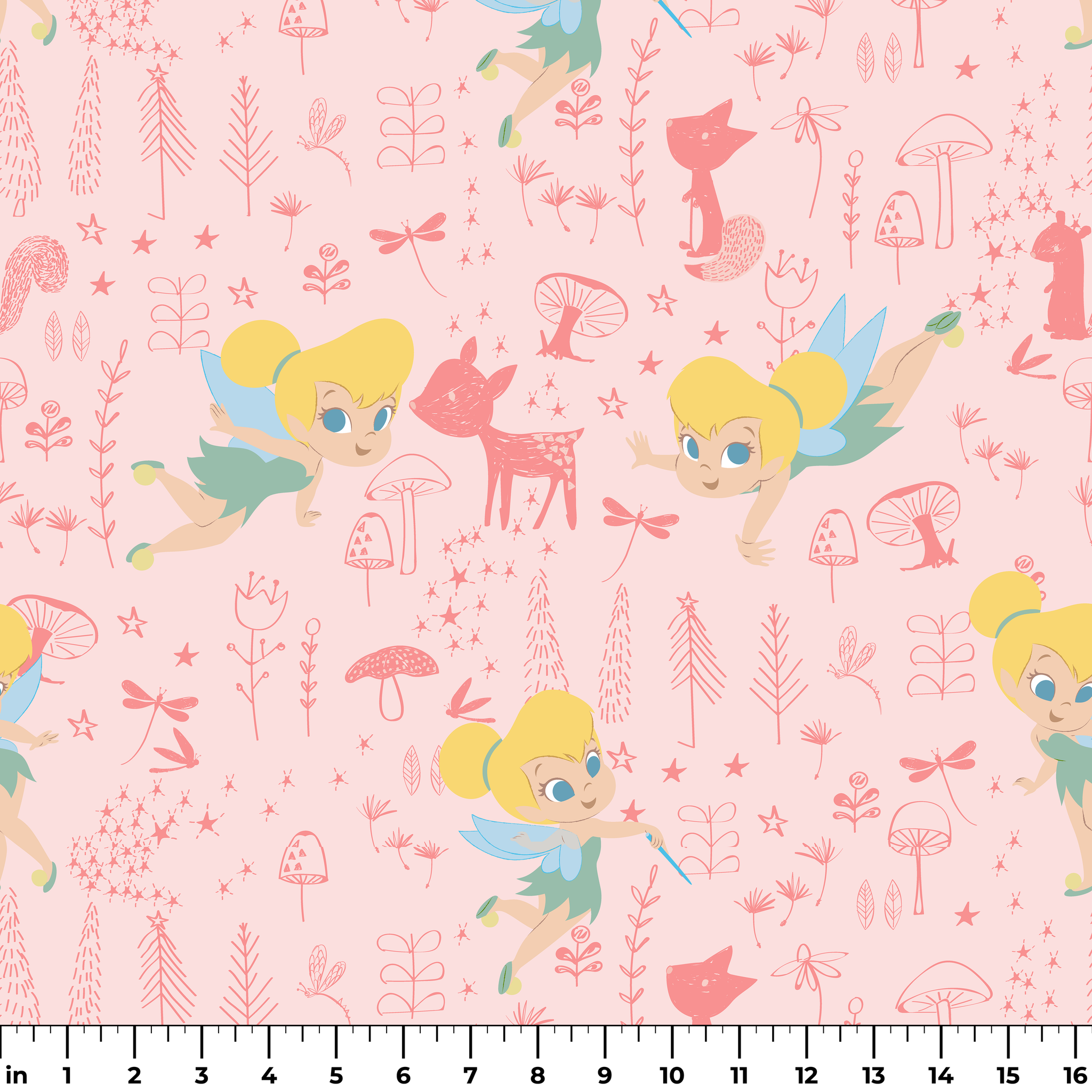 Pink whimsical pattern with cartoon fairy characters, forest animals, mushrooms, and plants in pastel colors ruler