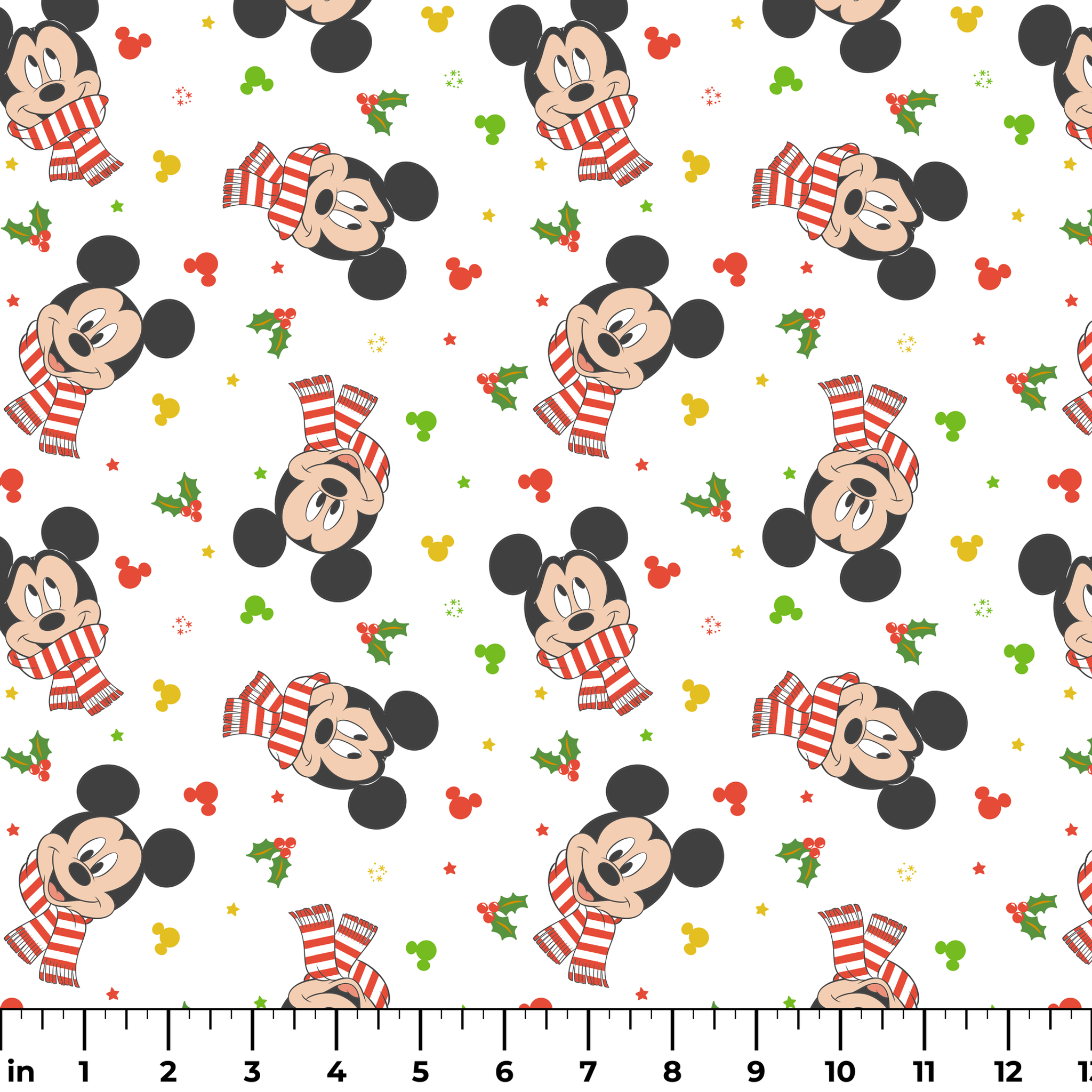 Mickey Mouse wearing red striped scarves, surrounded by holly and colorful icons on white background ruler