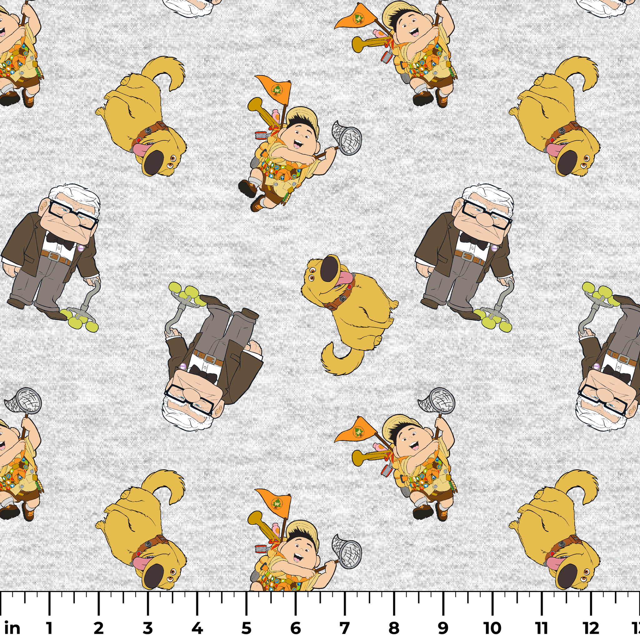 Cartoon characters from Disney's "Up" including Carl, Russell, and Dug on light gray background ruler