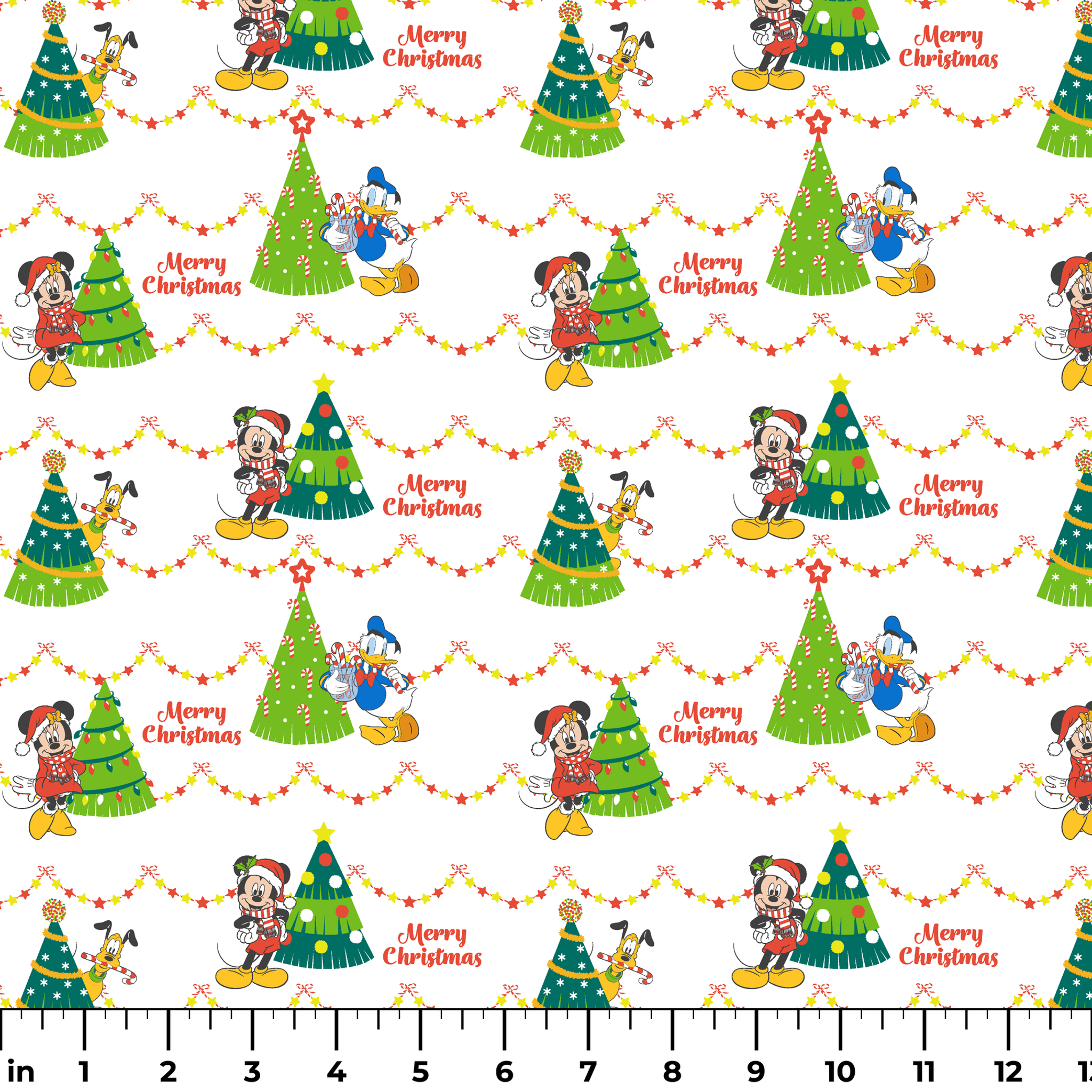 Disney Christmas pattern with Mickey, Minnie, and Donald beside decorated trees with star garland borders ruler