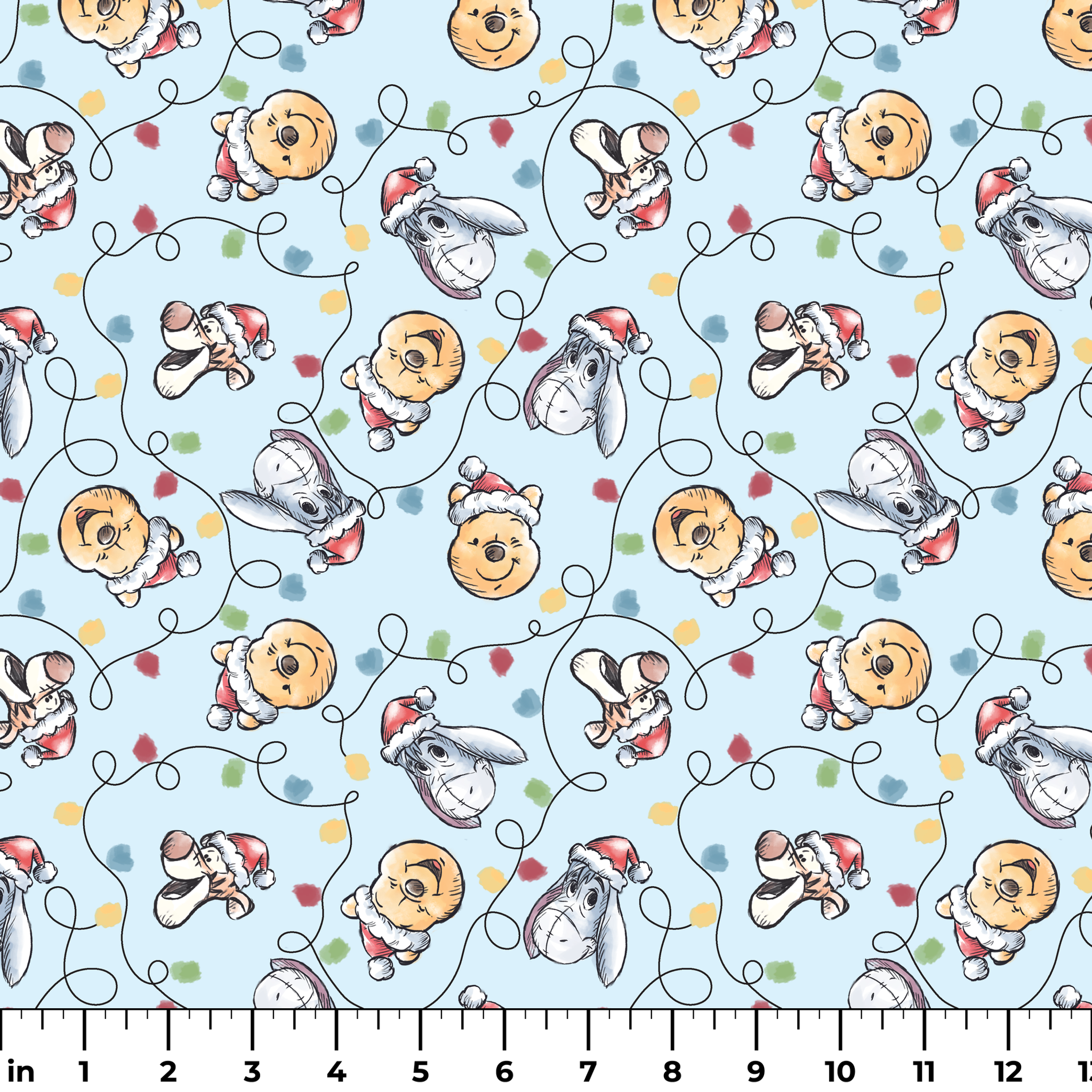 Winnie the Pooh Christmas pattern with Pooh bear, Eeyore, and Tigger in Santa hats on blue background ruler