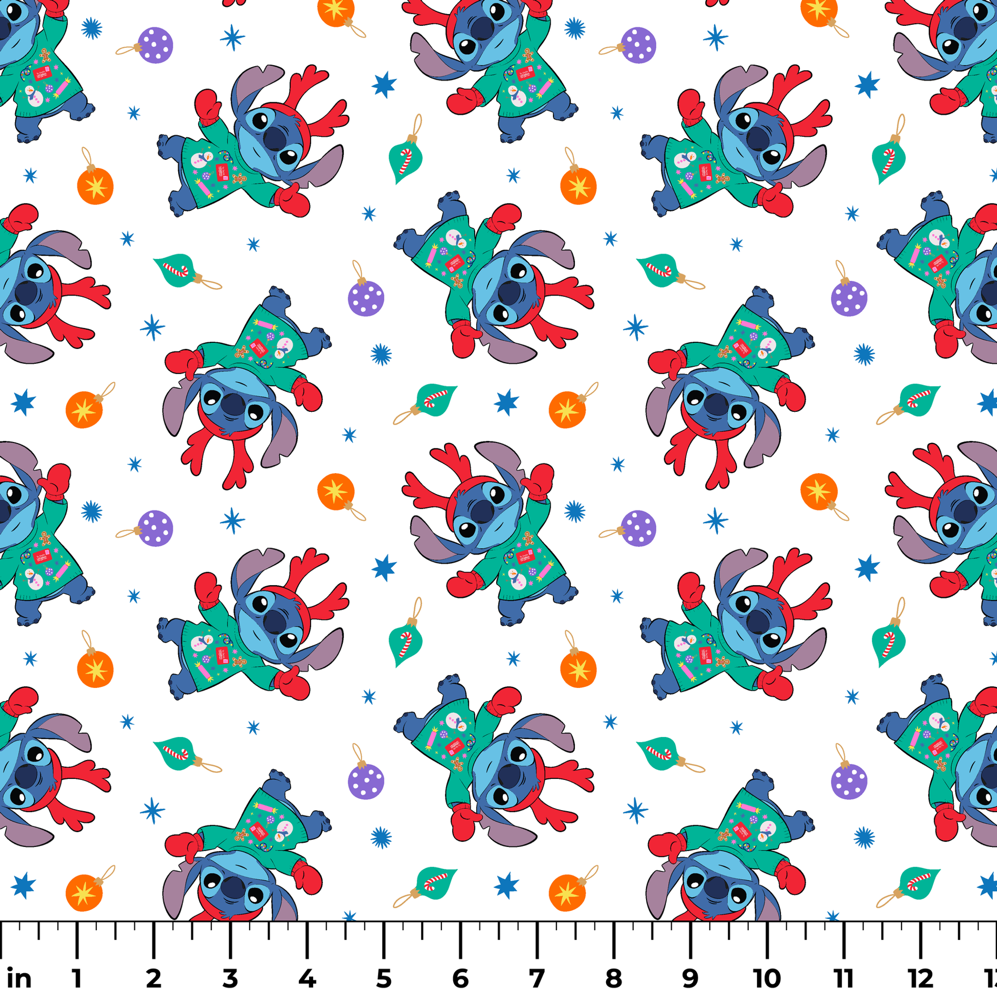 Disney's Stitch wearing green Christmas sweater and red scarf in repeating pattern with ornaments and stars. ruler