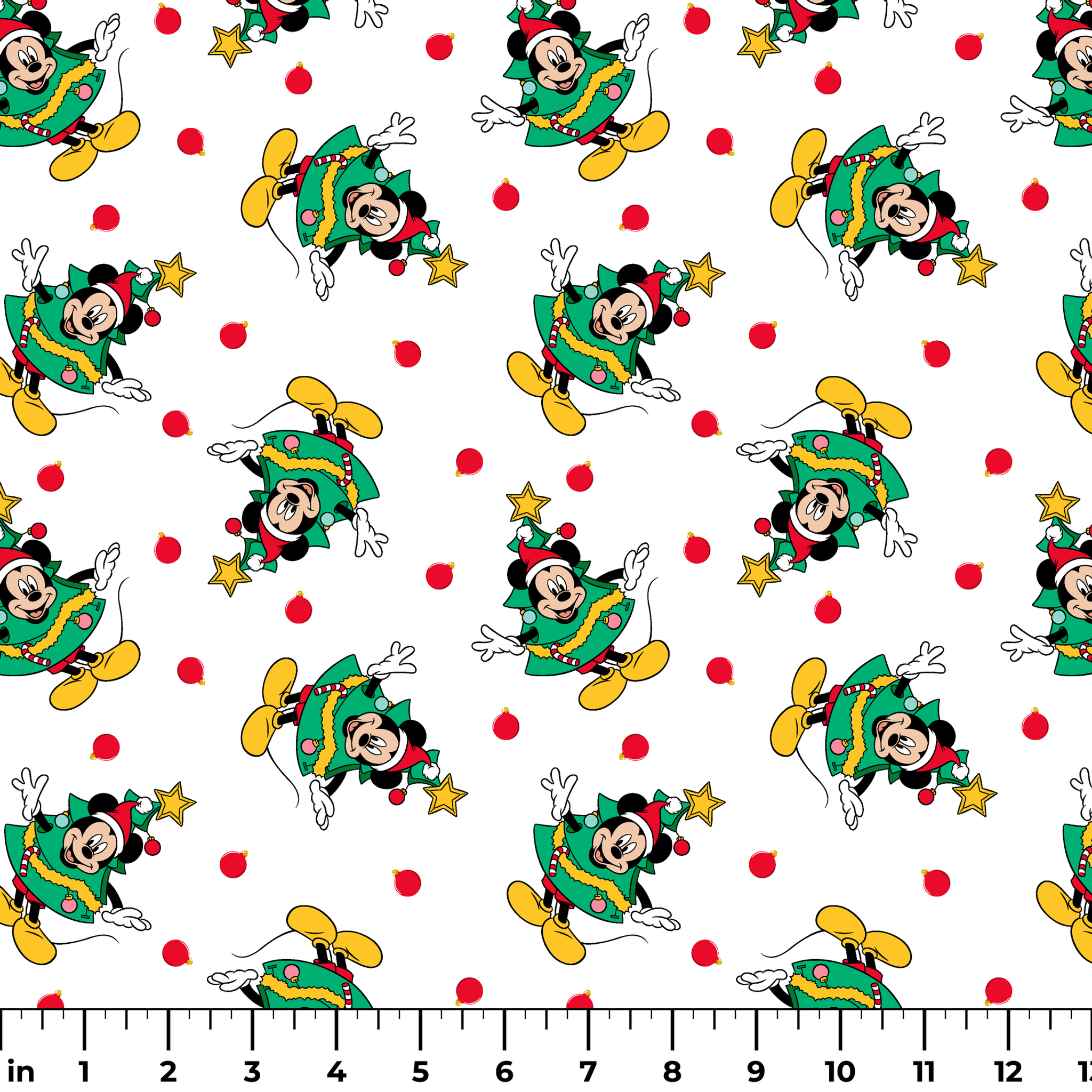 Mickey Mouse in a Christmas tree costume and stars on white background with red dots ruler