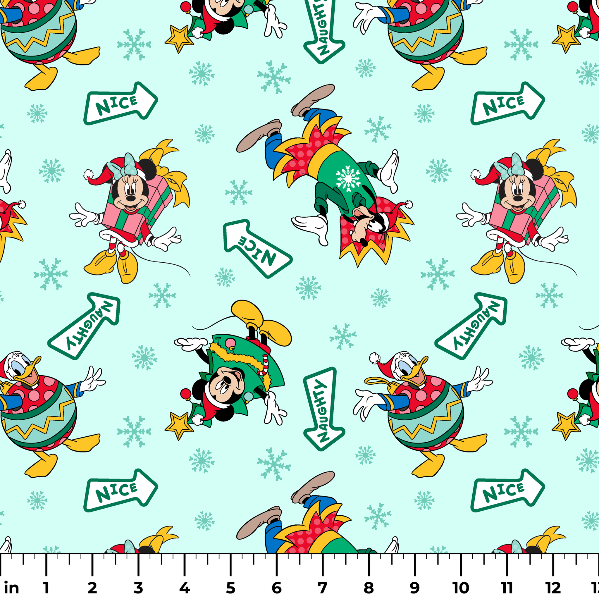Disney character pattern with Minnie and Mickey in festive holiday outfits on light blue background with snowflakes and "Nice" signs. ruler