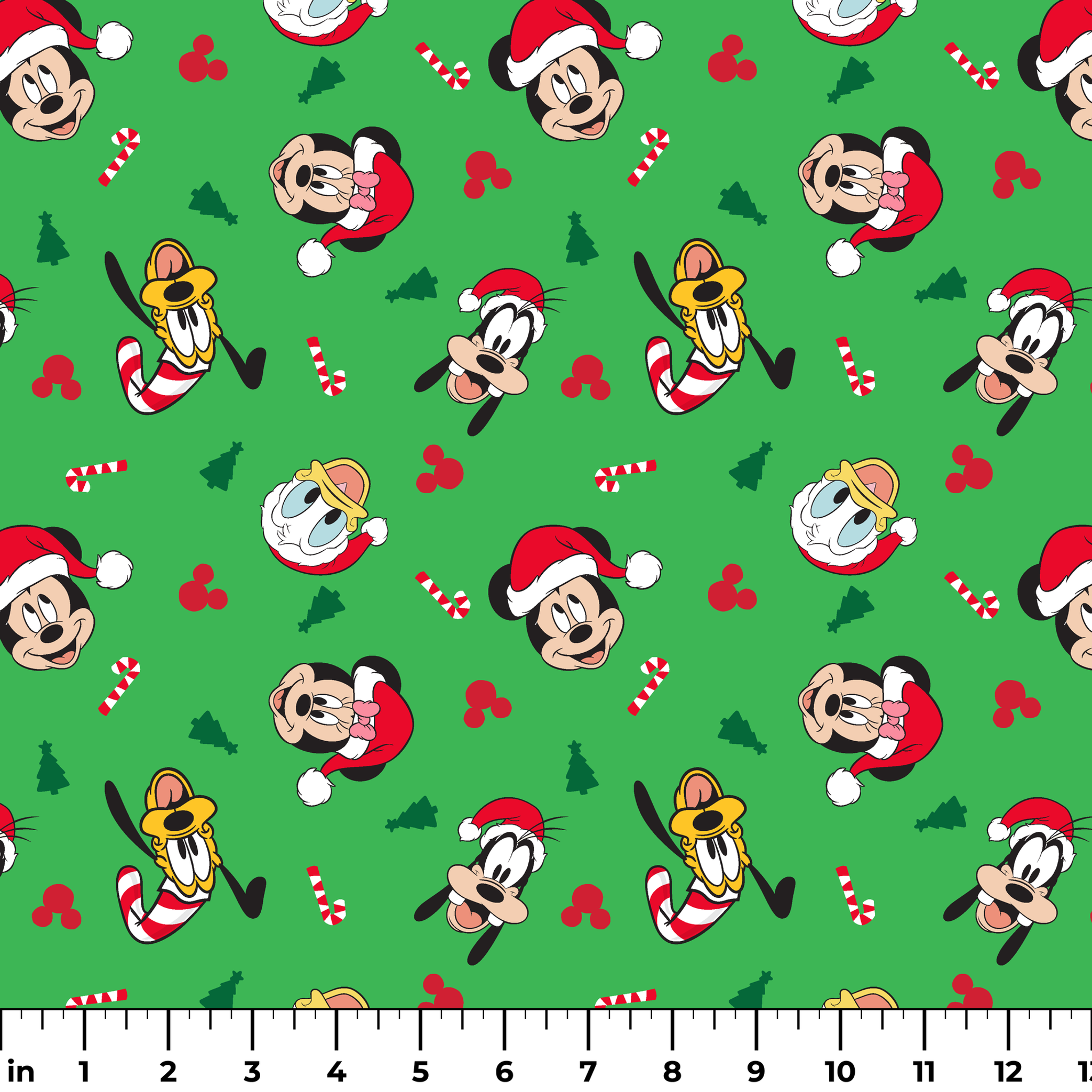 Disney Mickey Mouse characters in Santa hats on green background with candy canes and Christmas trees ruler