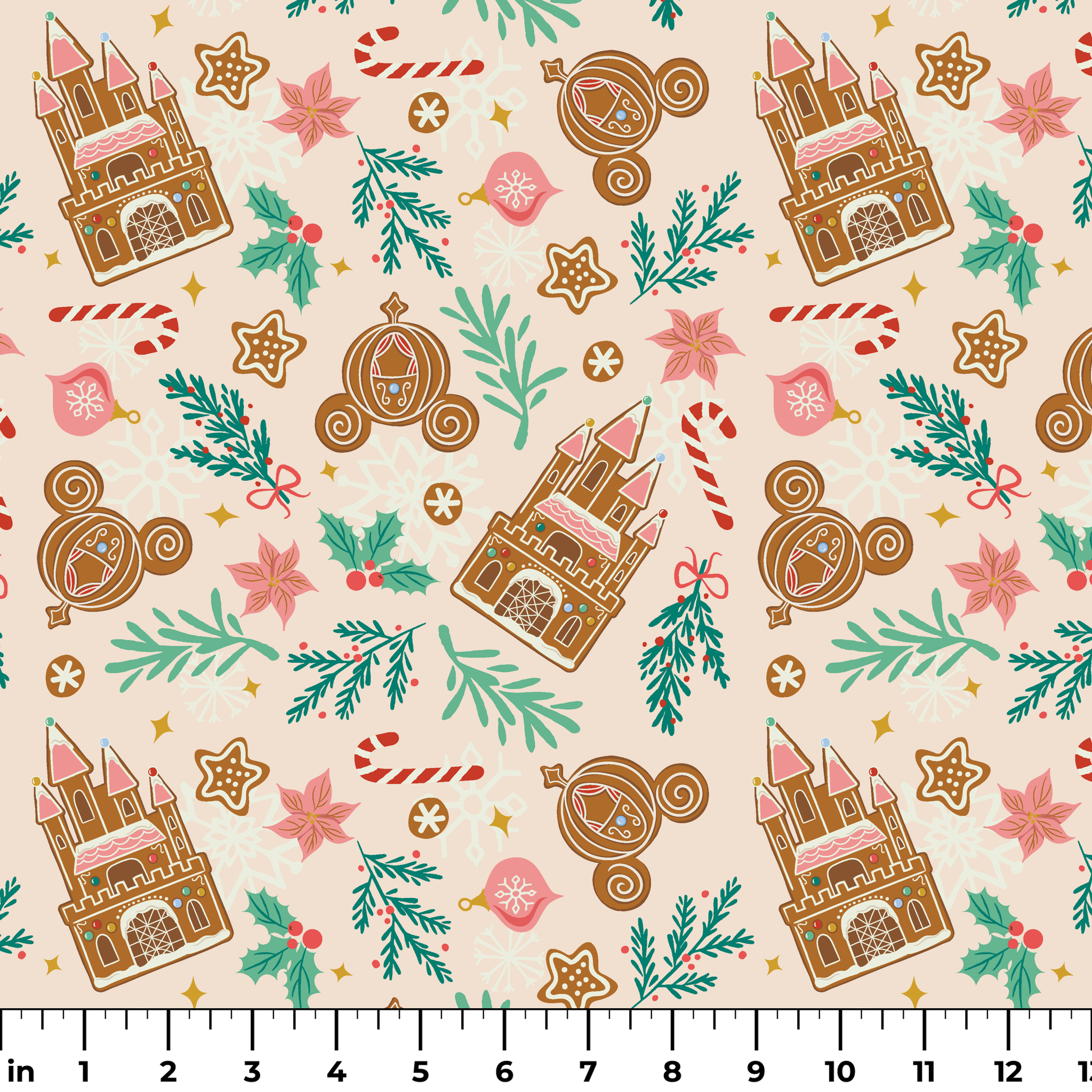 Disney Christmas pattern with gingerbread castles, carriages, candy canes, stars, and pine sprigs in holiday colors ruler