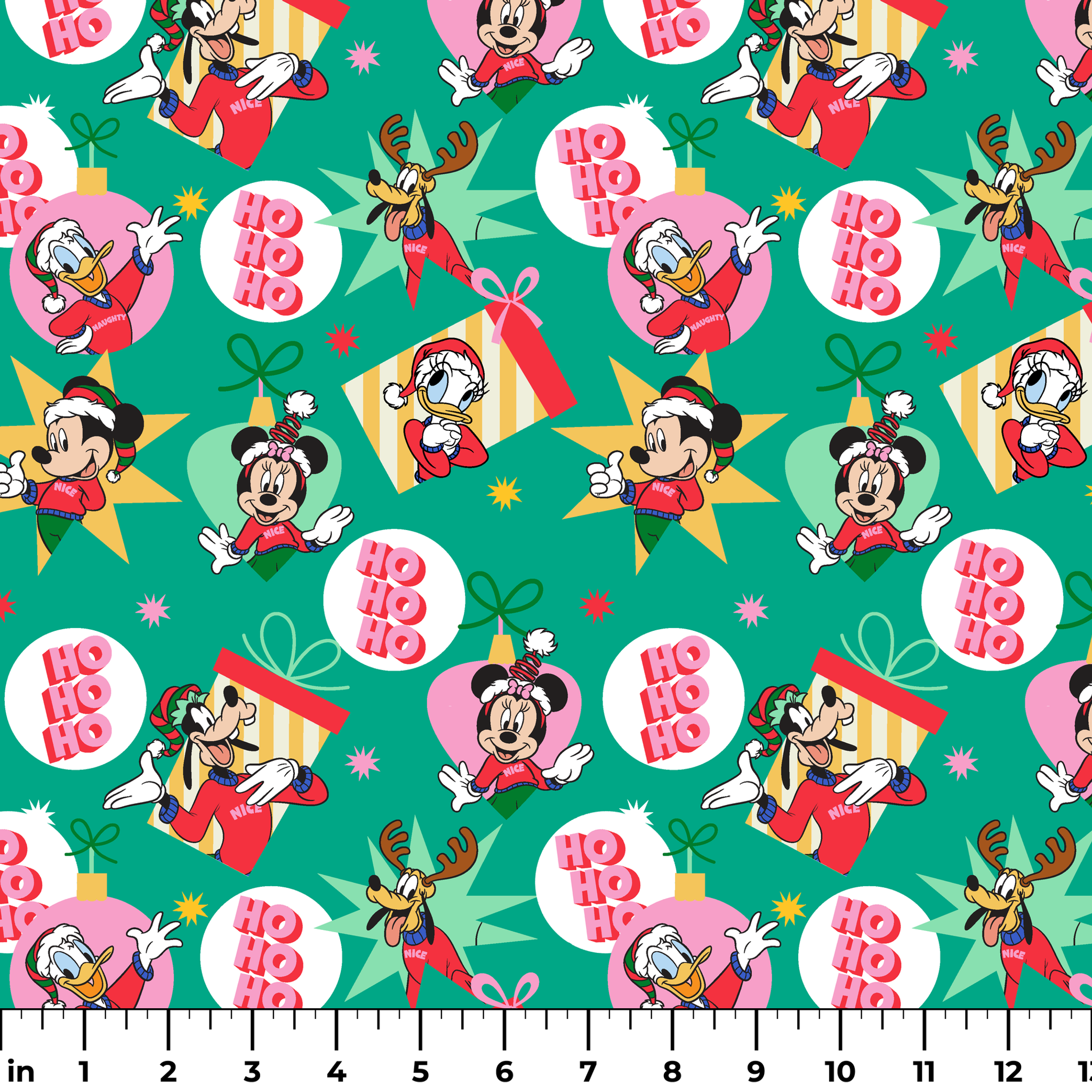Festive Disney characters on green holiday pattern with "Ho Ho Ho" text and Christmas ornaments ruler